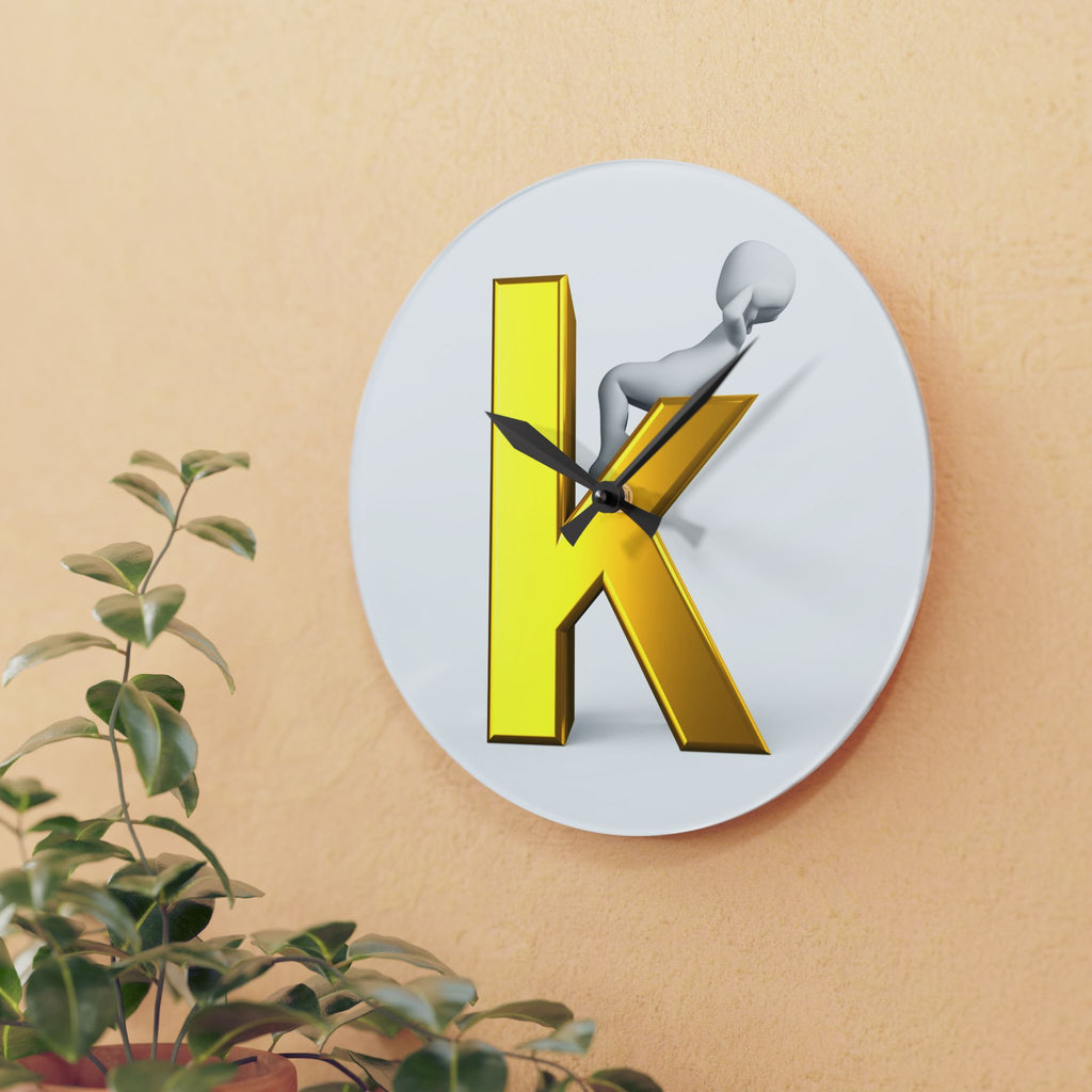 Gold Letter K with Figure Acrylic Wall Clock | Monogram Initial Decor