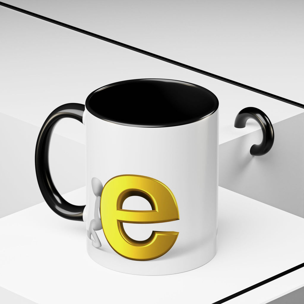 3D Stick Figure Pushing Gold Letter e Accent Coffee Mug | Black Handle, Interior