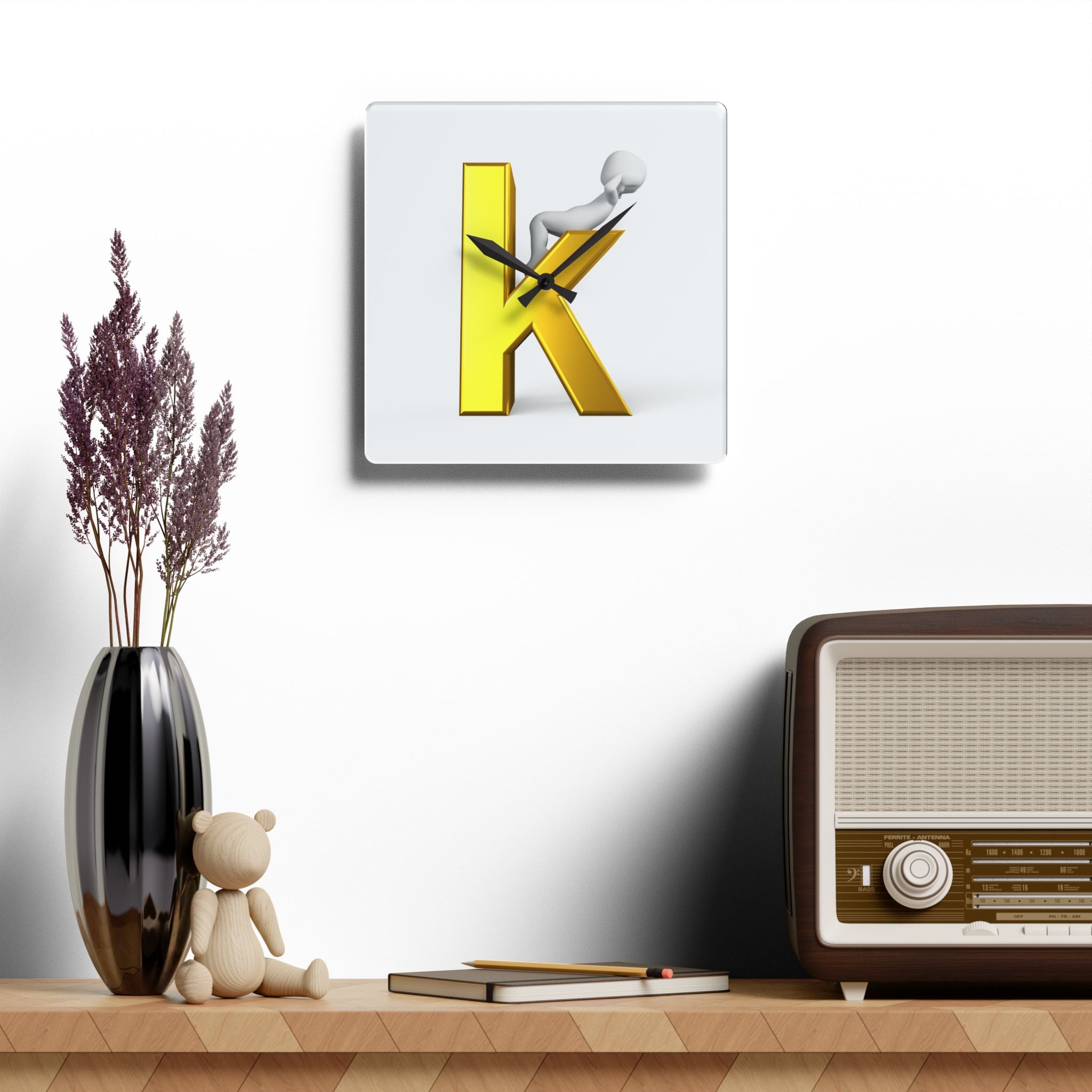 Gold Letter K with Figure Acrylic Wall Clock | Monogram Initial Decor