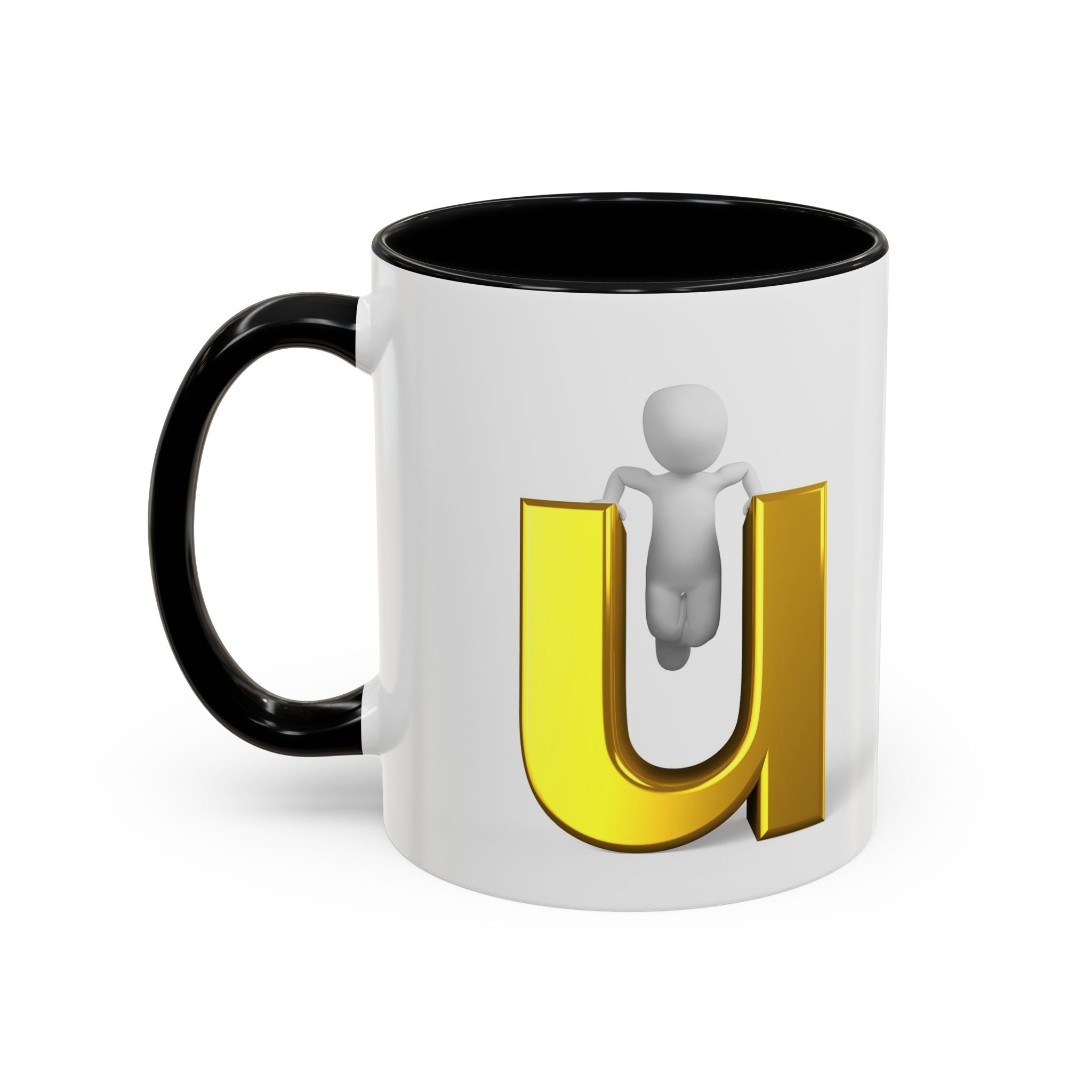 Mug de café accentué avec une personne 3D accrochée à la lettre U en or