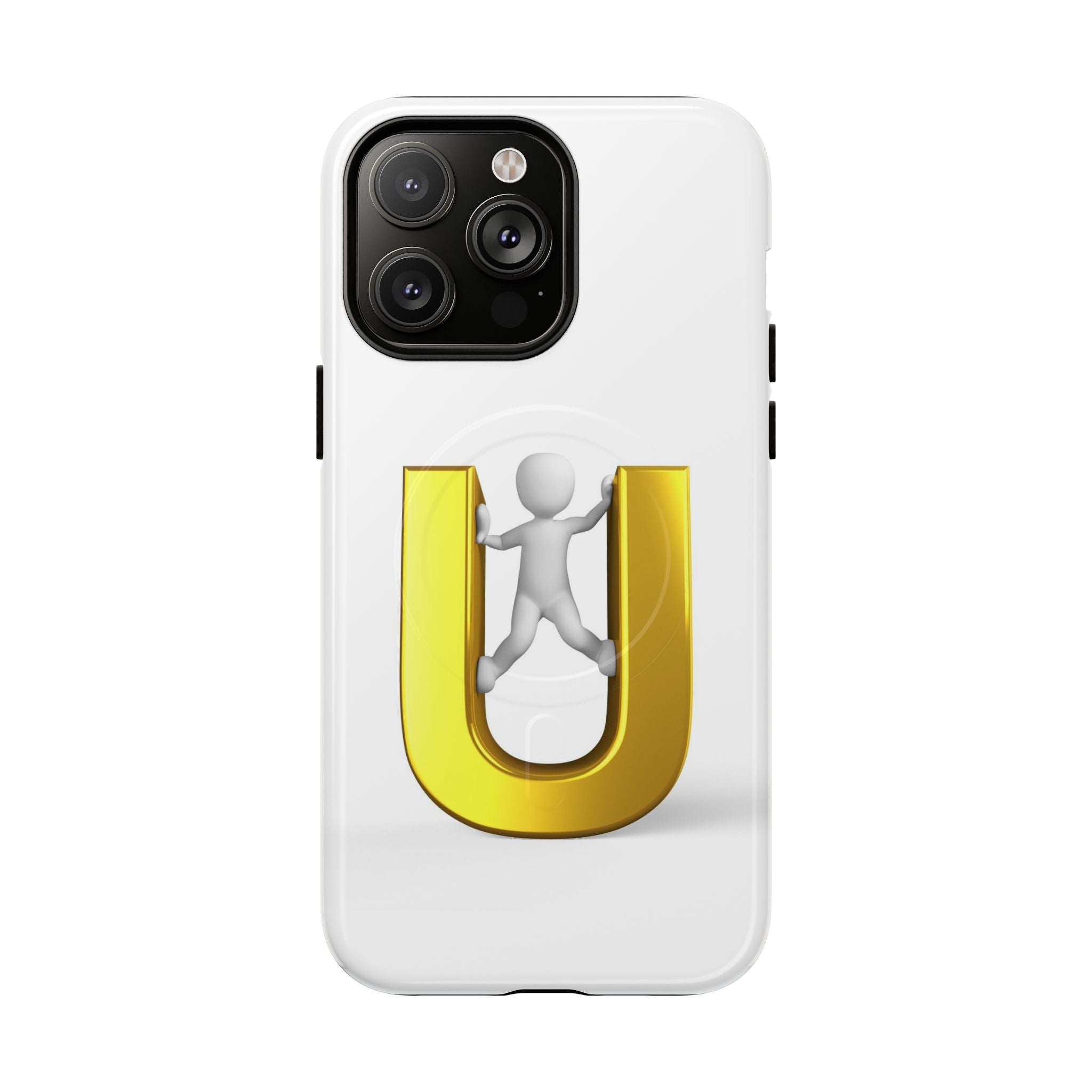 Coque de téléphone en 3D Dorée Lettre U avec Bonhomme Allumette | Coque Magnétique Robuste