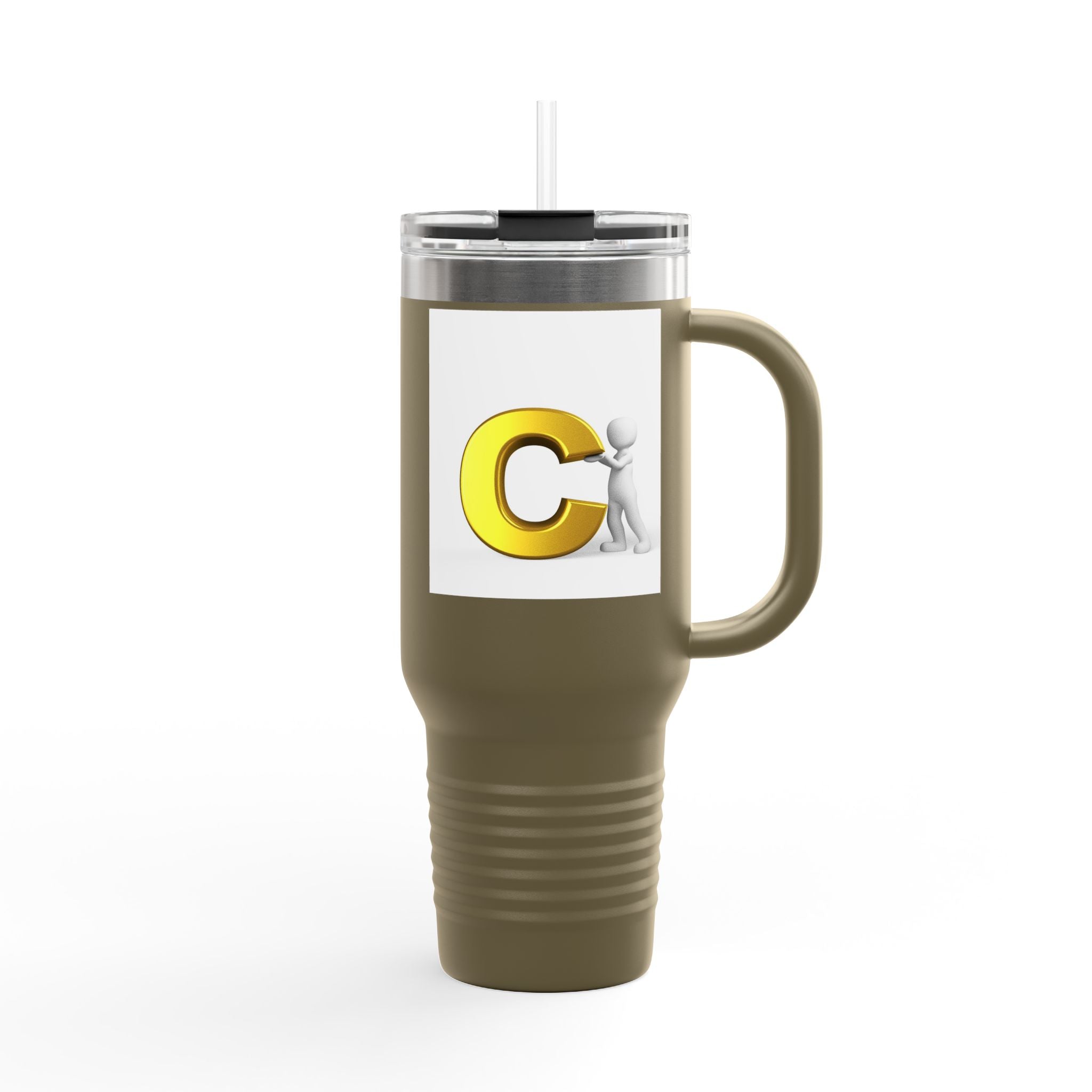 3D Character Leaning on Yellow Letter C Travel Mug | 40oz Insulated Tumbler