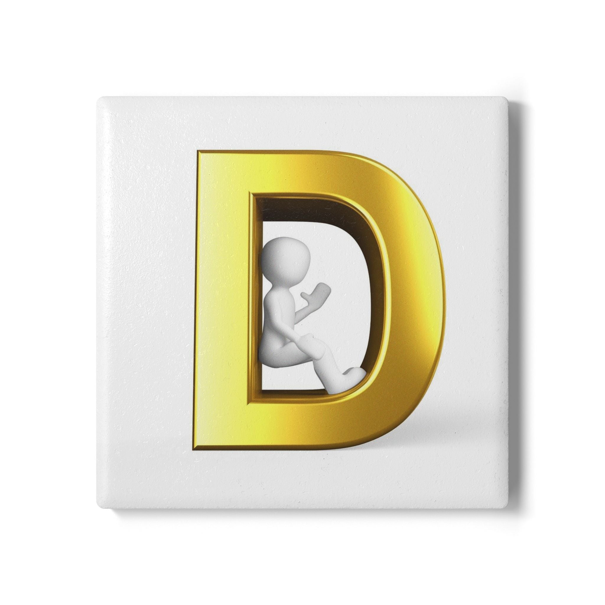 Gold Letter D with Sitting Figure Ceramic Coaster | Monogram Initial D