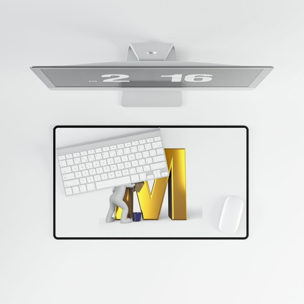 Gold Letter M with Painter Character Desk Mat | Large Mouse Pad Deskmat