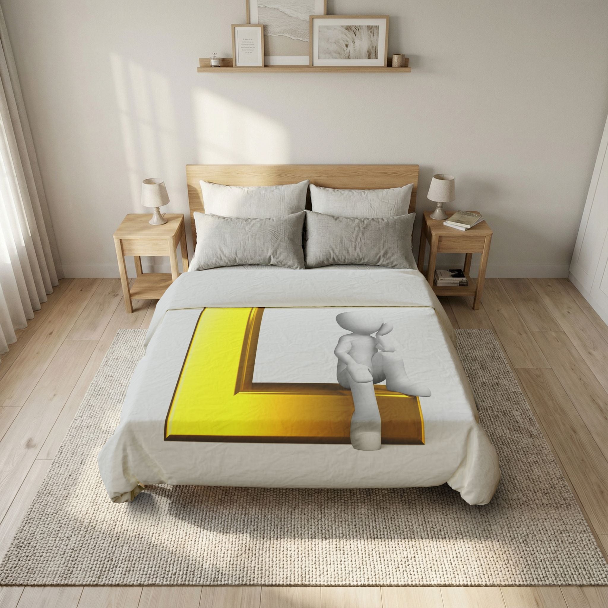 3D Gold Letter L with Sitting Figure Duvet Cover | Monogram Initial Bedding