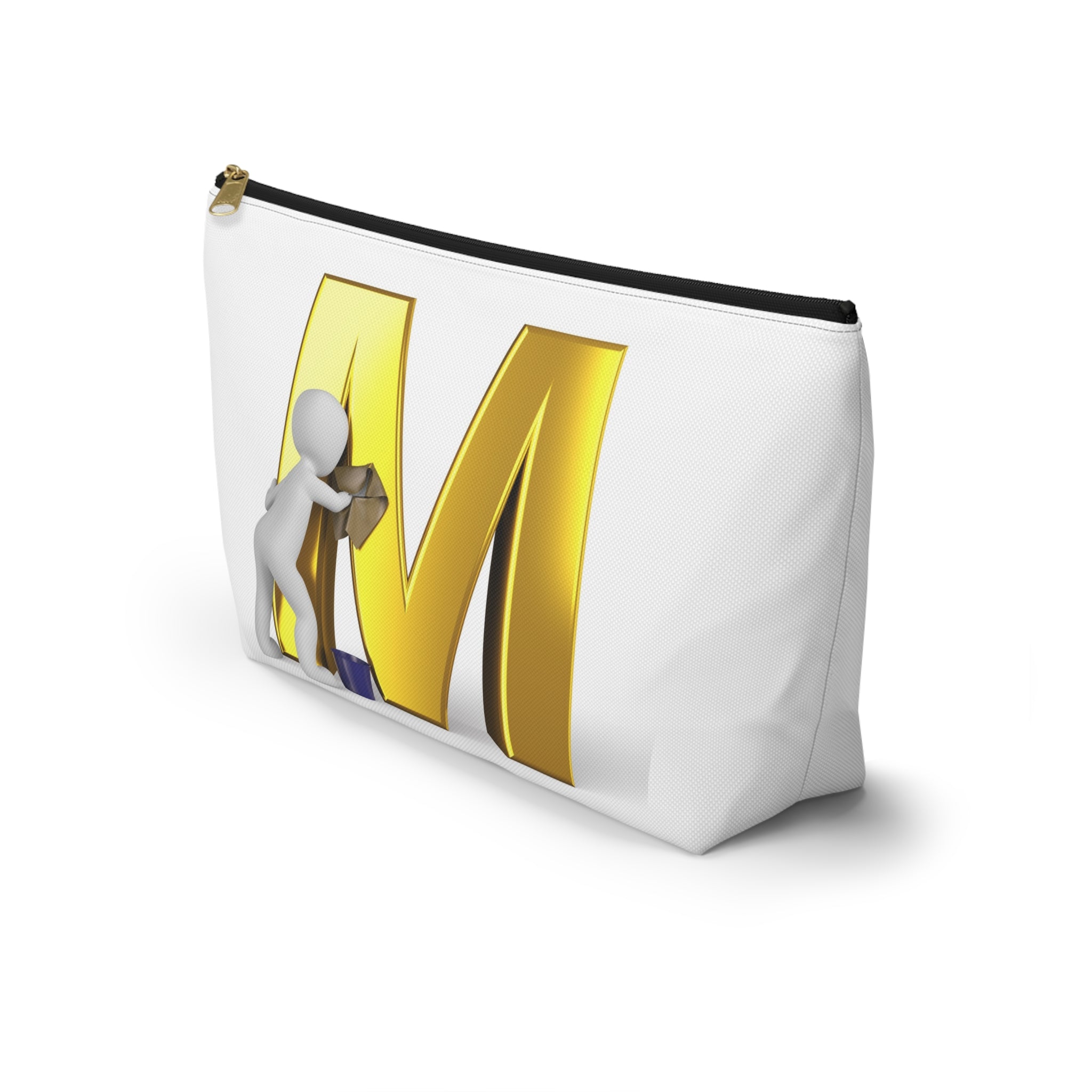 Gold Letter M with Painter Figure Accessory Pouch | Monogram Makeup Bag