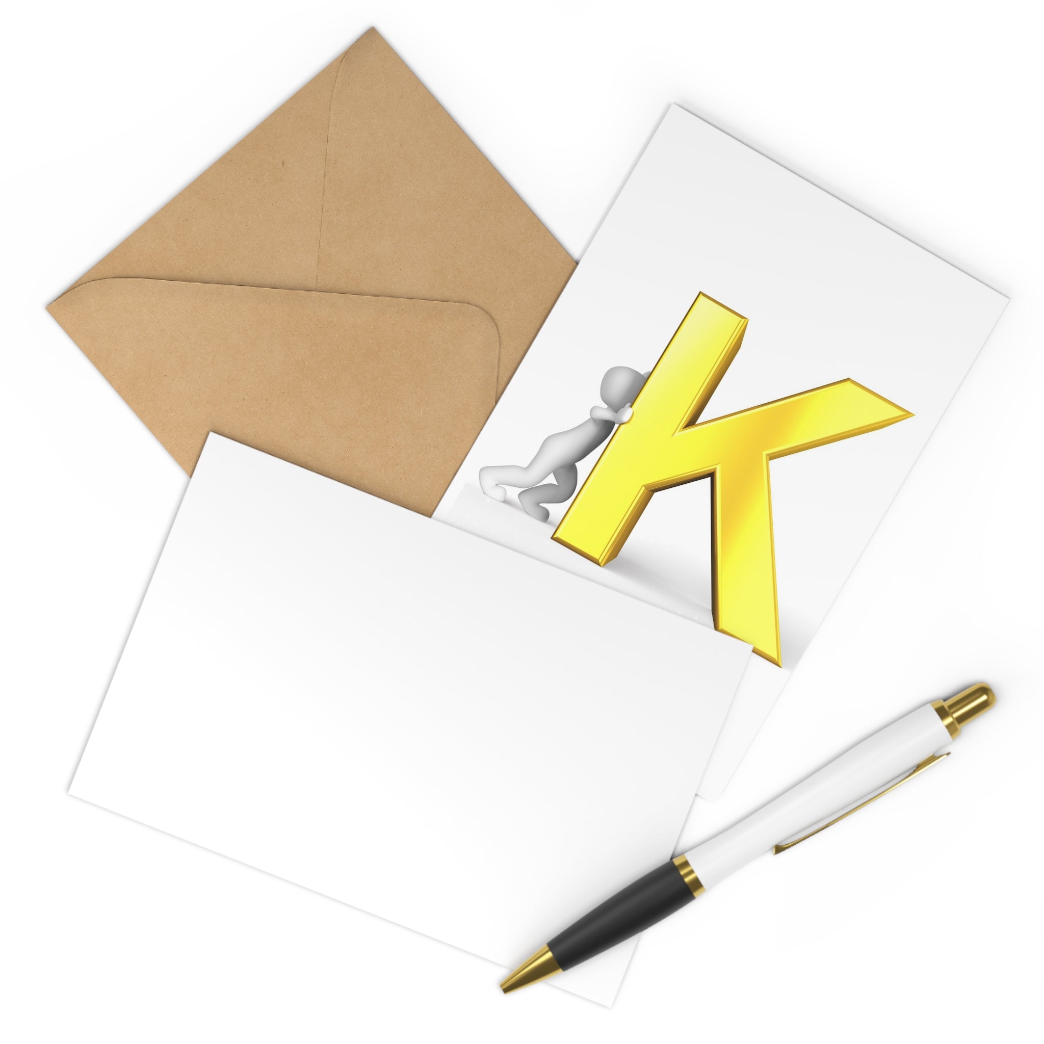 3D Gold Letter K Postcards | Alphabet Stationery Set (7 pcs)