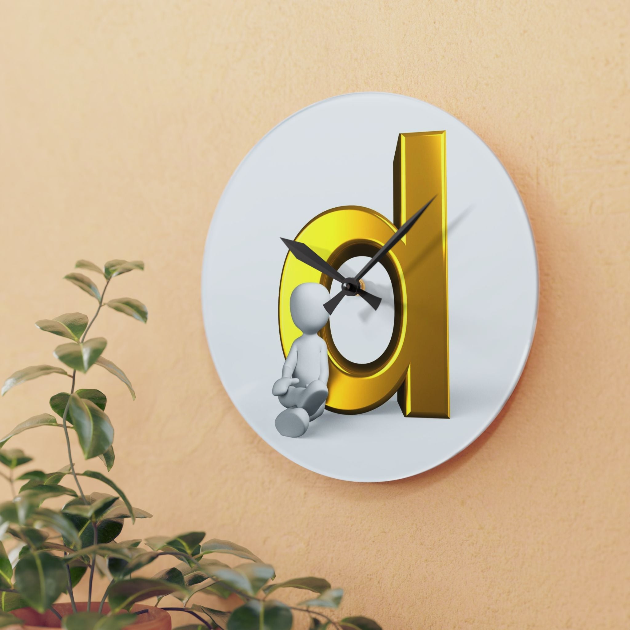 3D Gold Letter d with Sitting Figure Acrylic Wall Clock | Modern Alphabet Decor