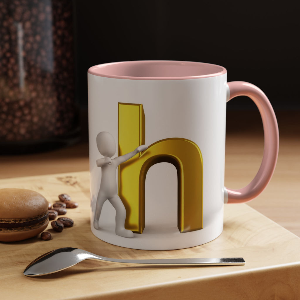 3D Stick Figure Pushing Gold Letter h Mug | Accent Coffee Mug 11/15oz