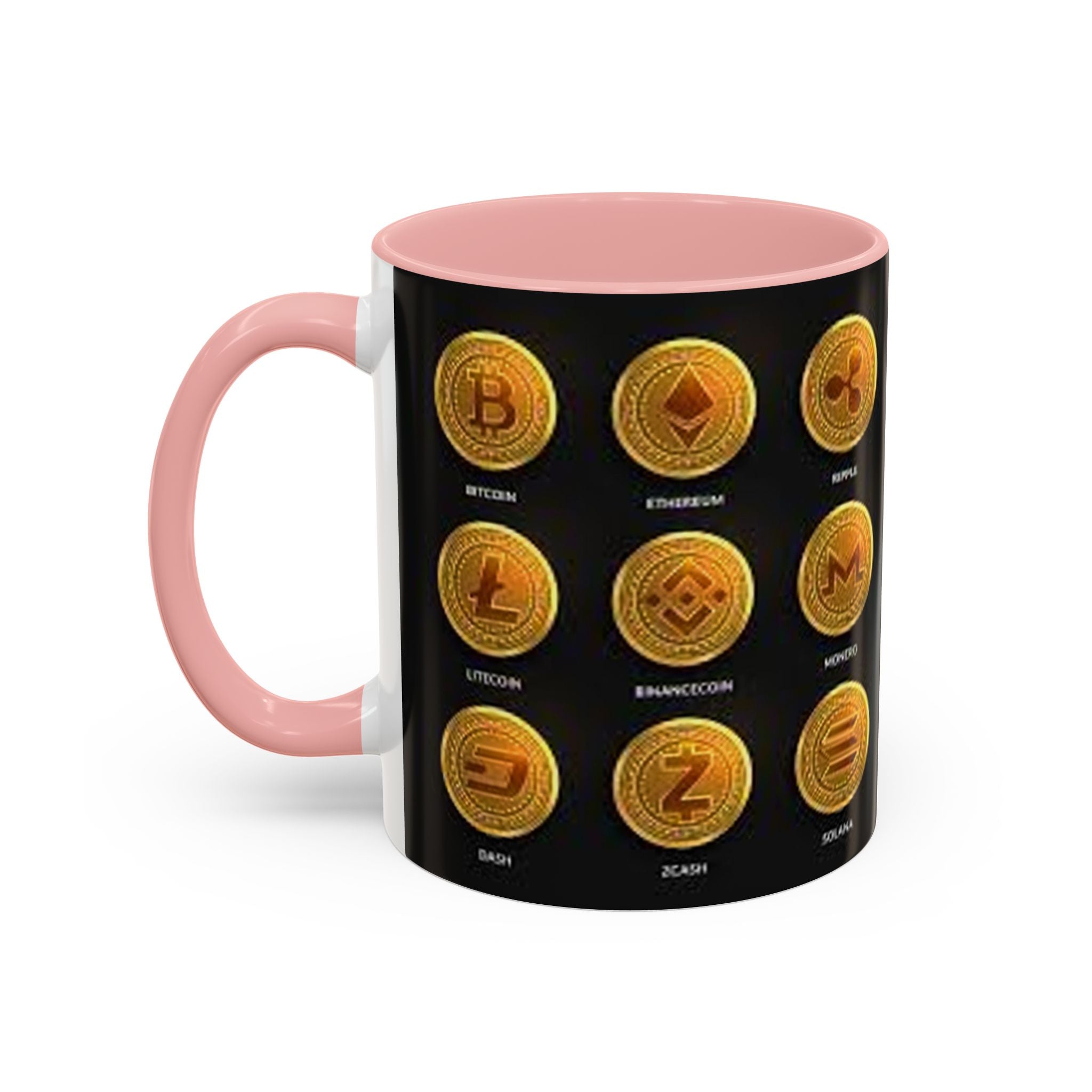 Cryptocurrency Coin Icons Accent Mug | Bitcoin Ethereum Litecoin Doge Coffee Mug