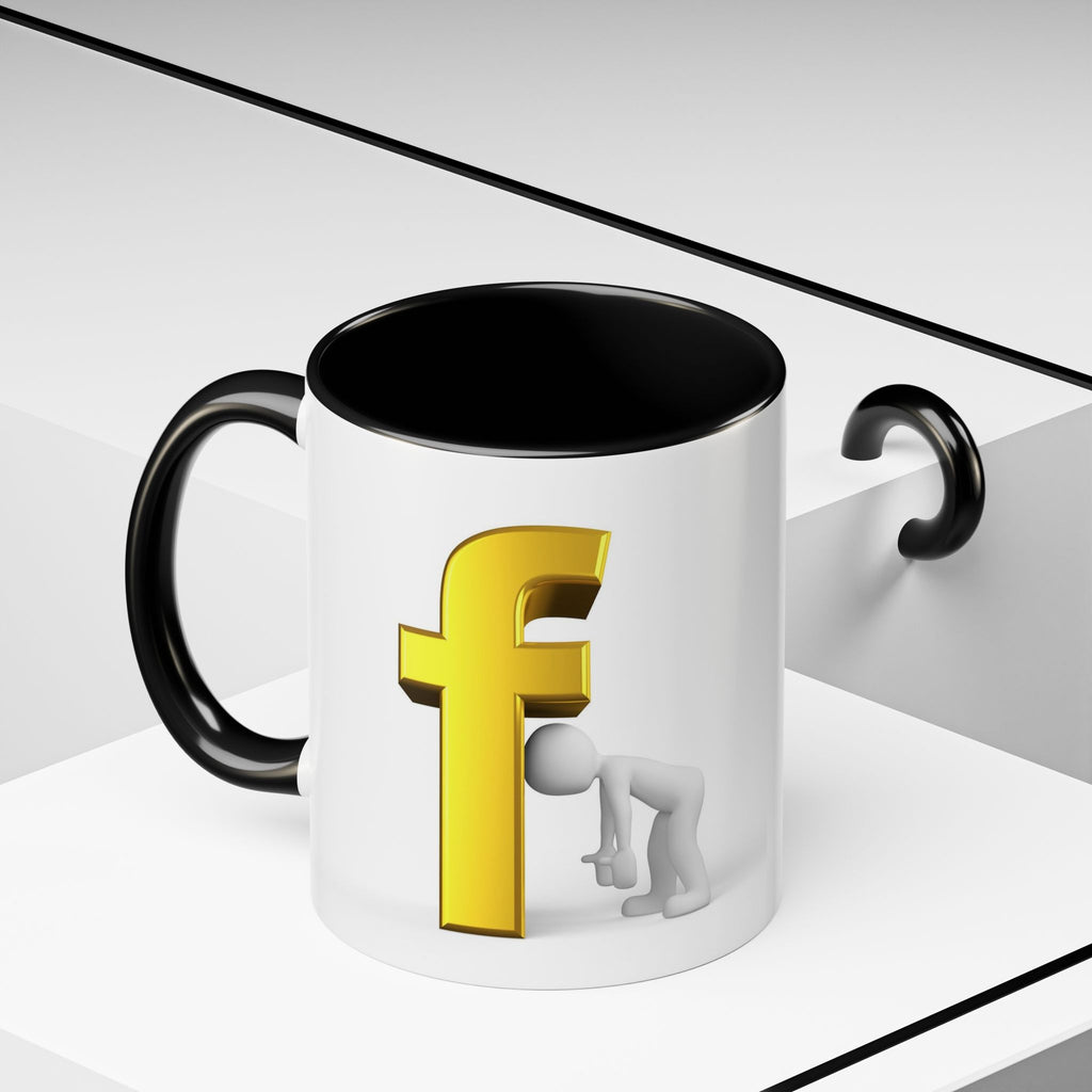3D Tiny Figure Leaning on Gold Letter F Mug | Accent Coffee Mug