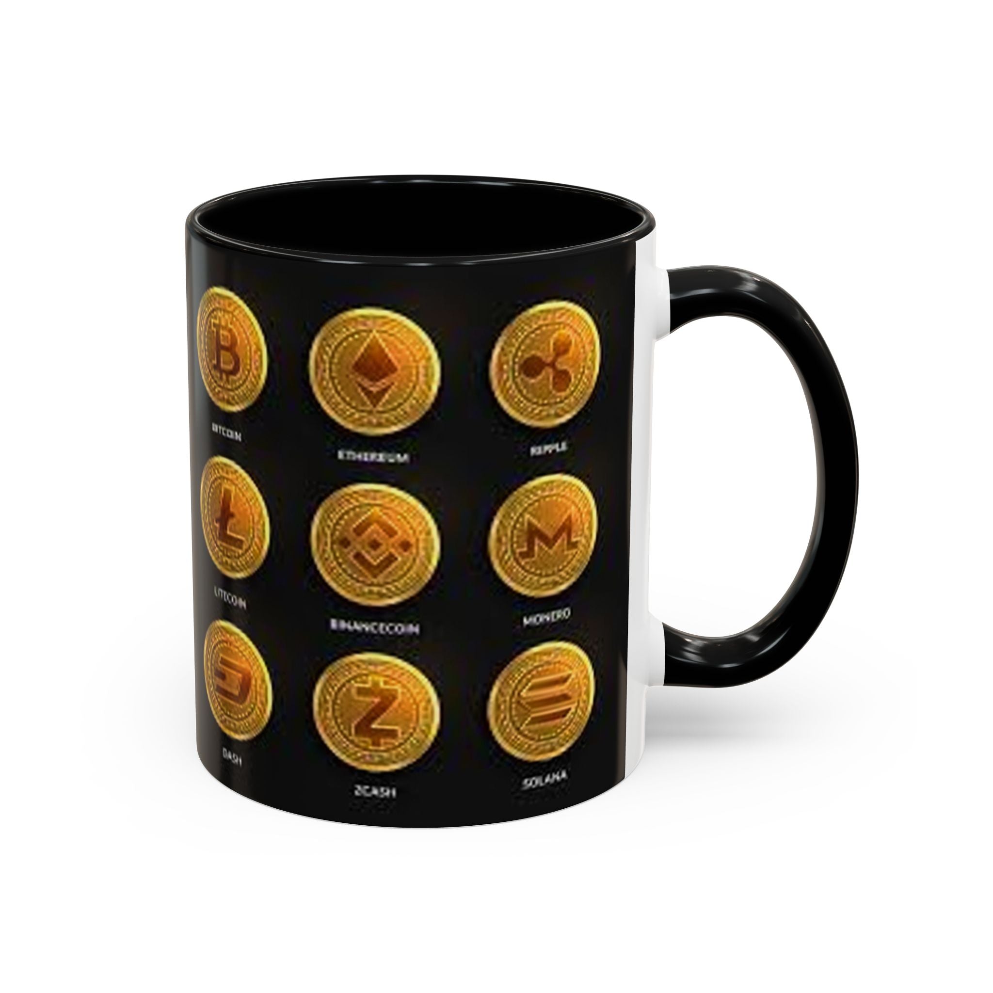 Cryptocurrency Coin Icons Accent Mug | Bitcoin Ethereum Litecoin Doge Coffee Mug