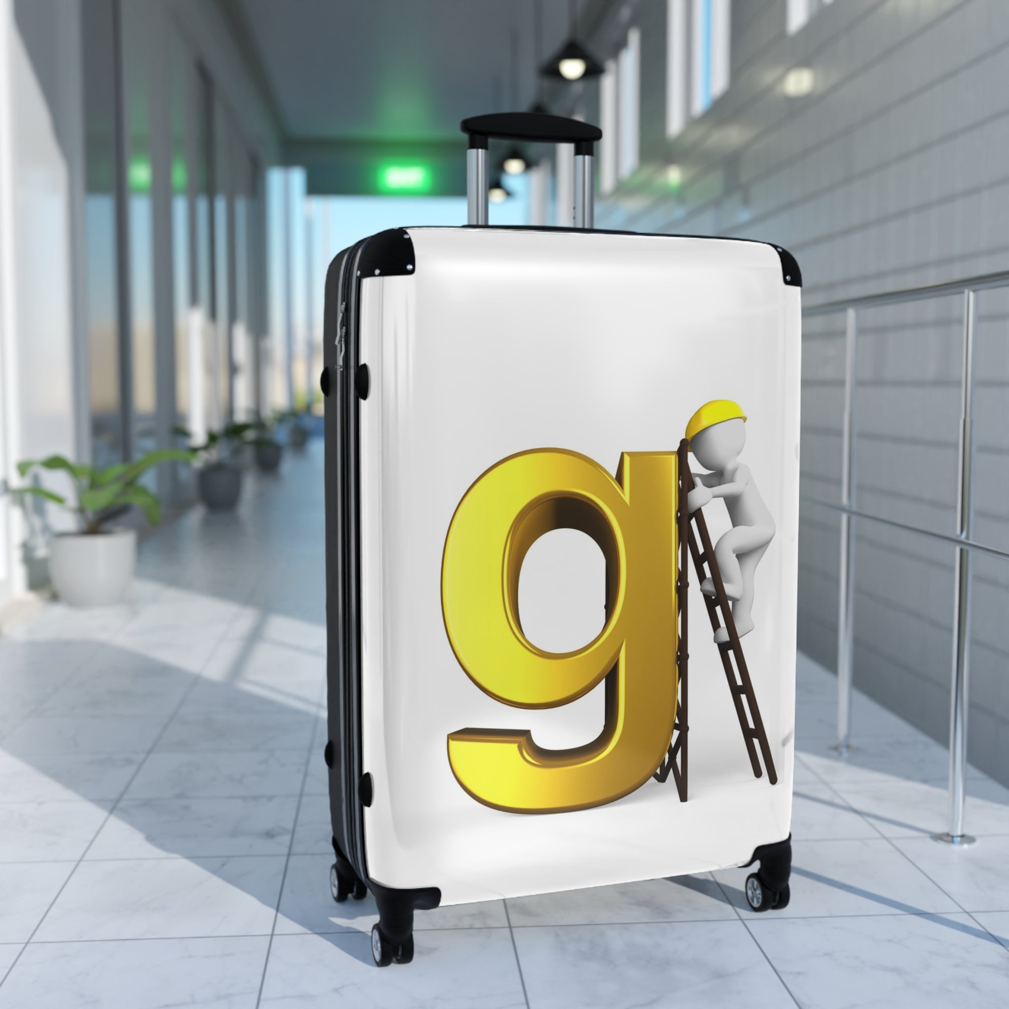 Yellow Letter G with Worker Illustration Suitcase | Personalized Luggage