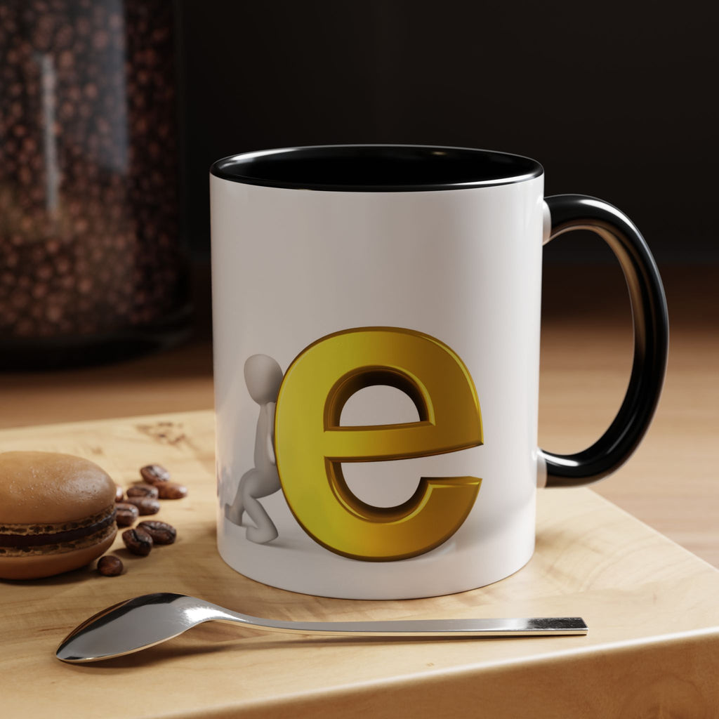 3D Stick Figure Pushing Gold Letter e Accent Coffee Mug | Black Handle, Interior