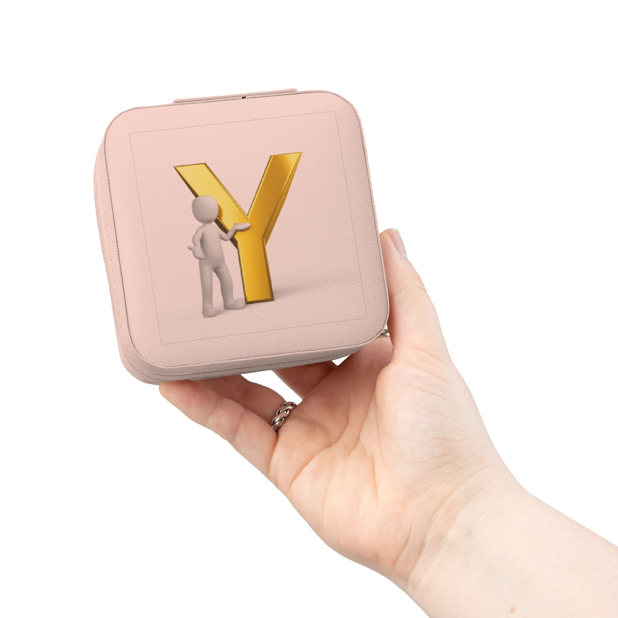 Étui de voyage Monogramme Y en or pour bijoux | Boîte à bagues rose compacte