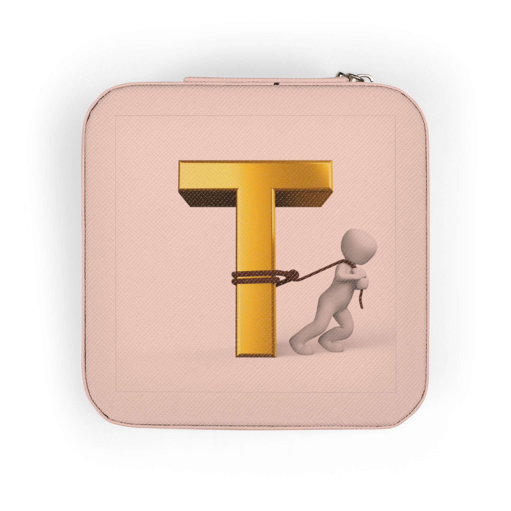 Gold Letter T Monogram Jewelry Travel Case | Compact Square Trinket Box