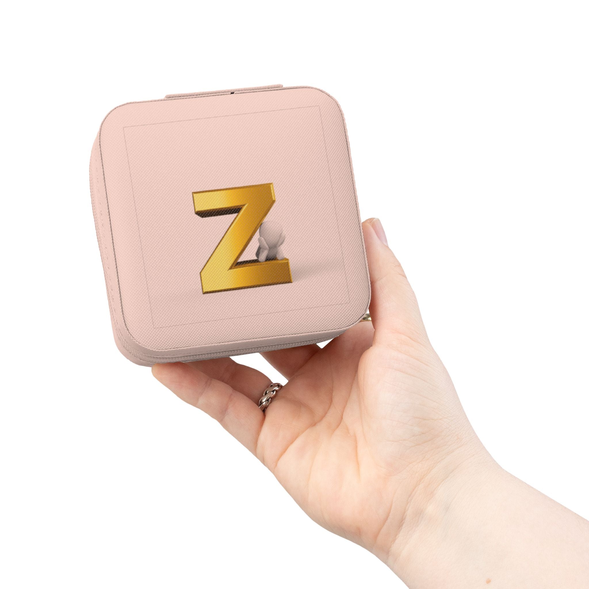 Étui de voyage compact rose pour bijoux avec initiale Z dorée | Organisateur de bagues et boucles d'oreilles