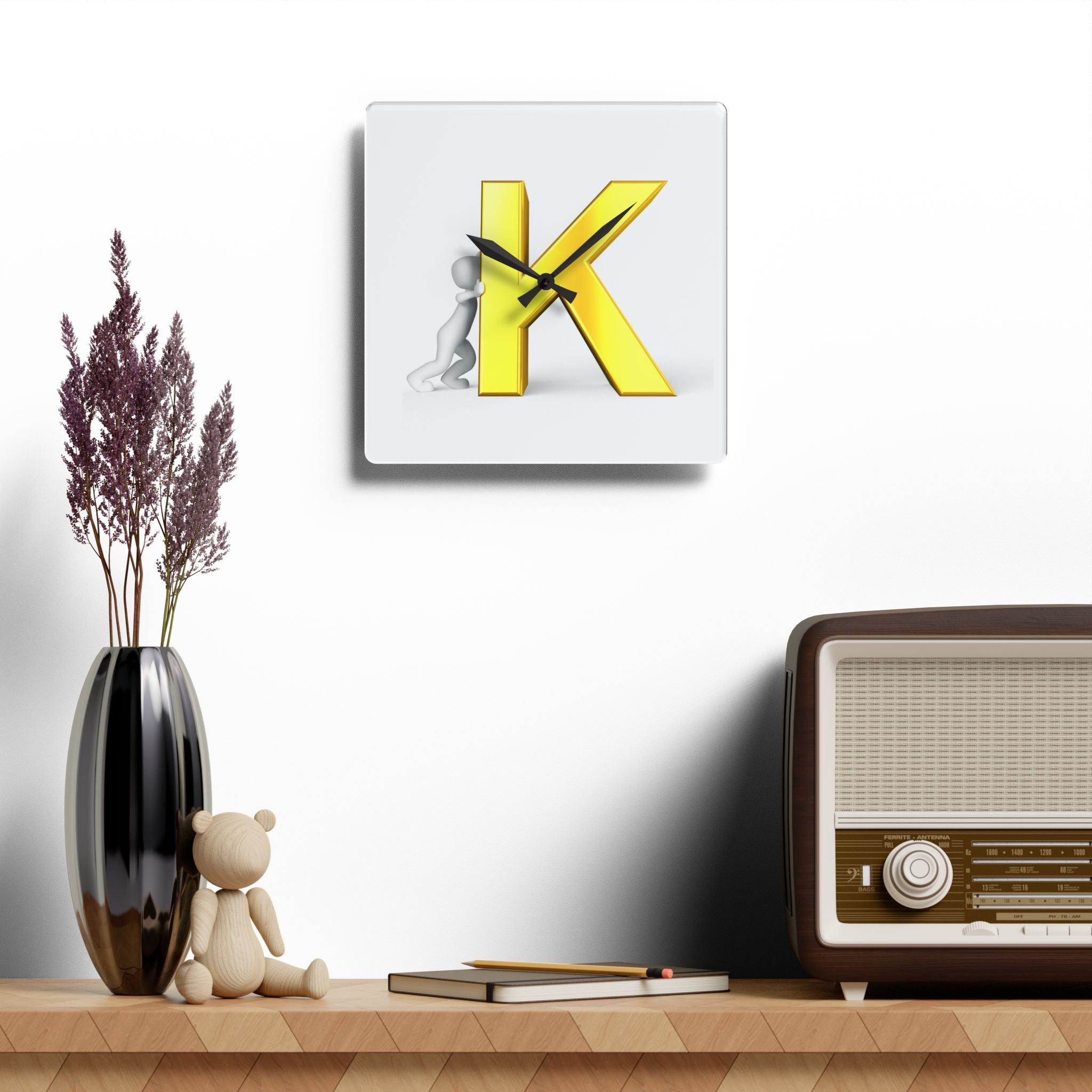 3D Yellow Letter K with Figure Acrylic Wall Clock | Alphabet Initial Decor