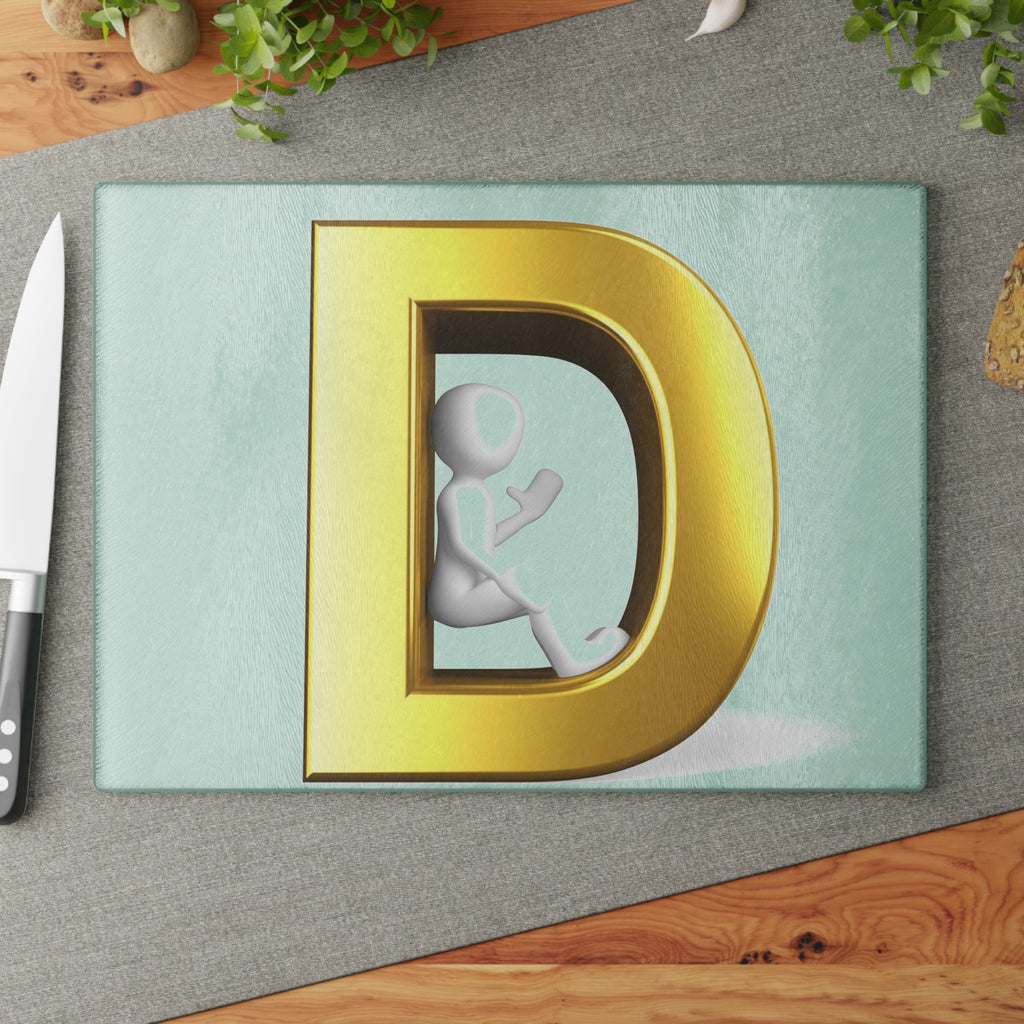Gold Letter D with Sitting Figure Glass Cutting Board | Monogram Initial Kitchen Decor