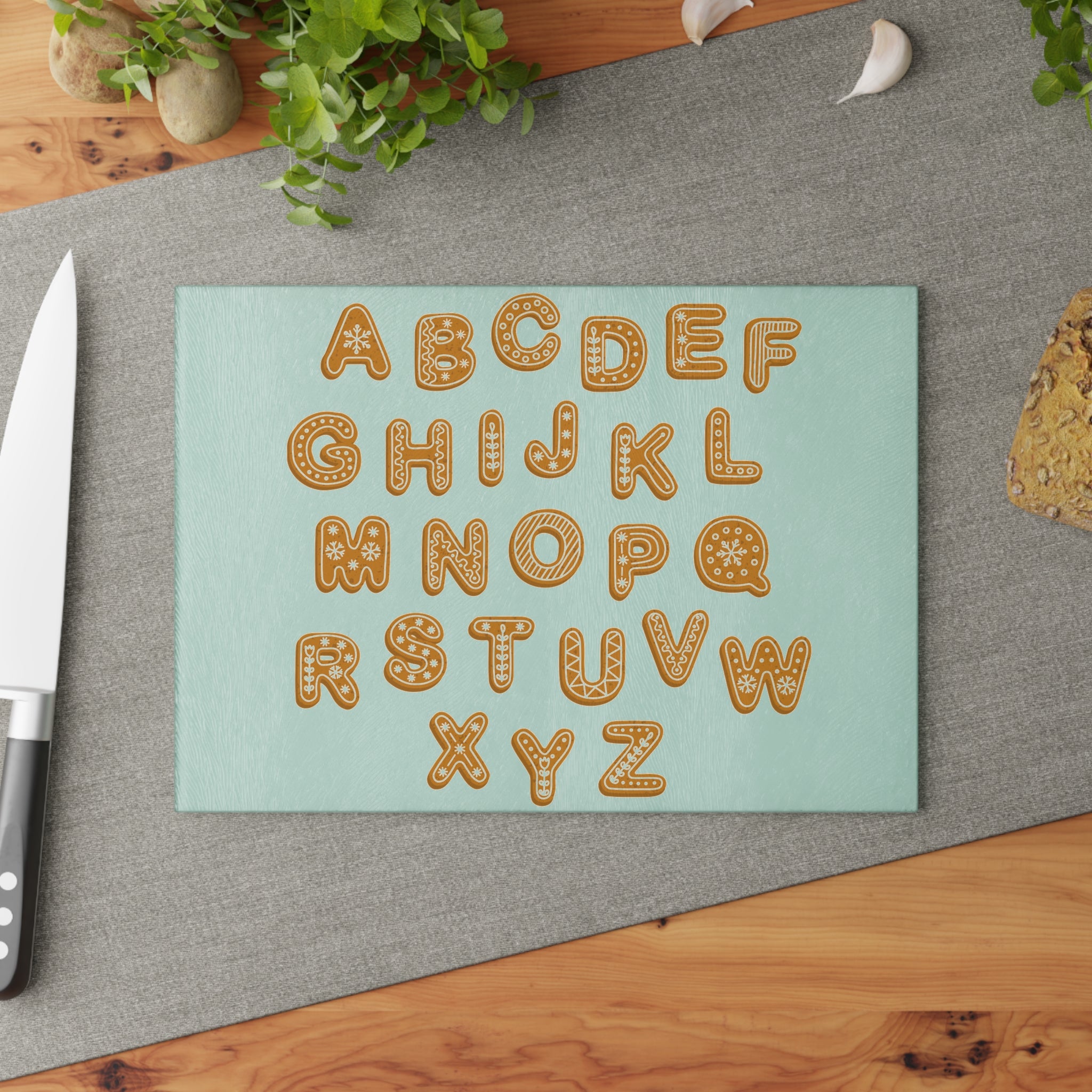 Gingerbread Alphabet Glass Cutting Board | Cookie Letter Kitchen Decor