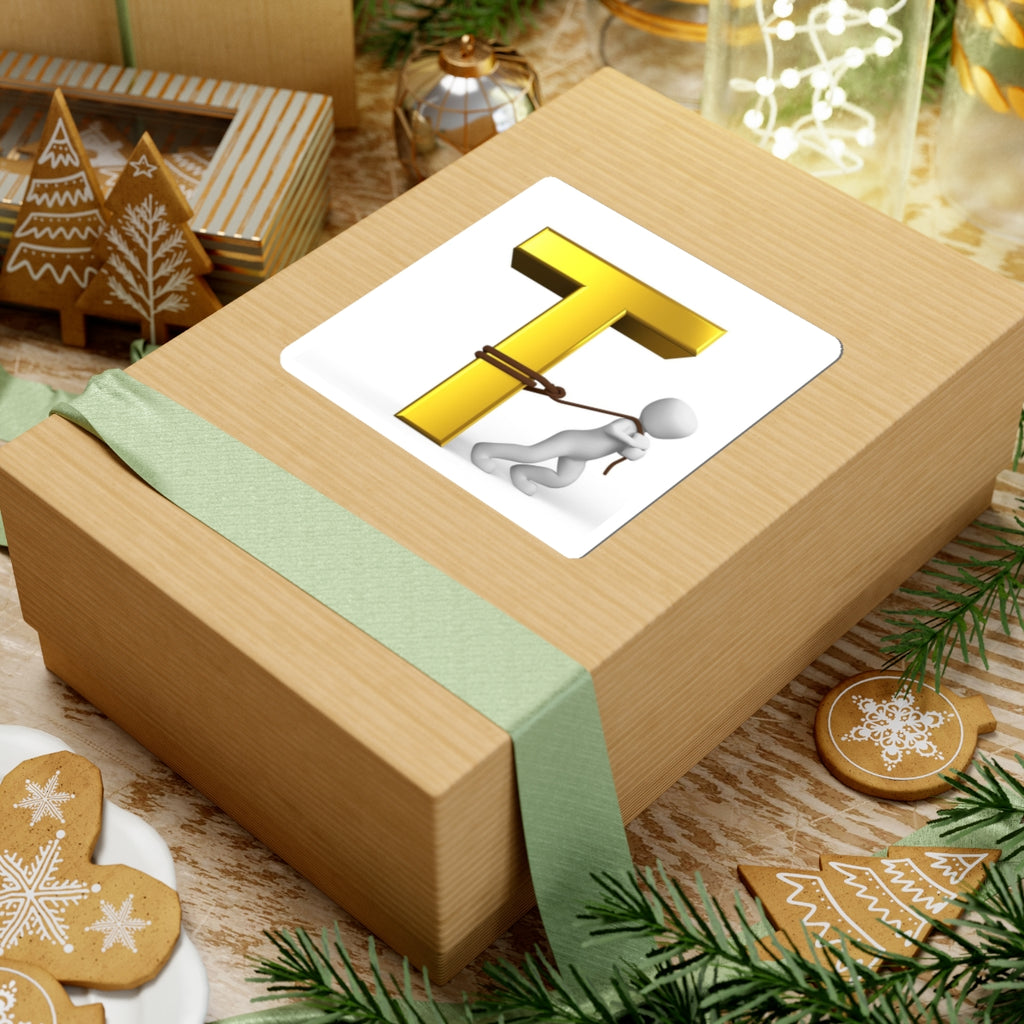 Man Pulling Gold Letter T sticker | Alphabet Initial Vinyl Kiss-Cut