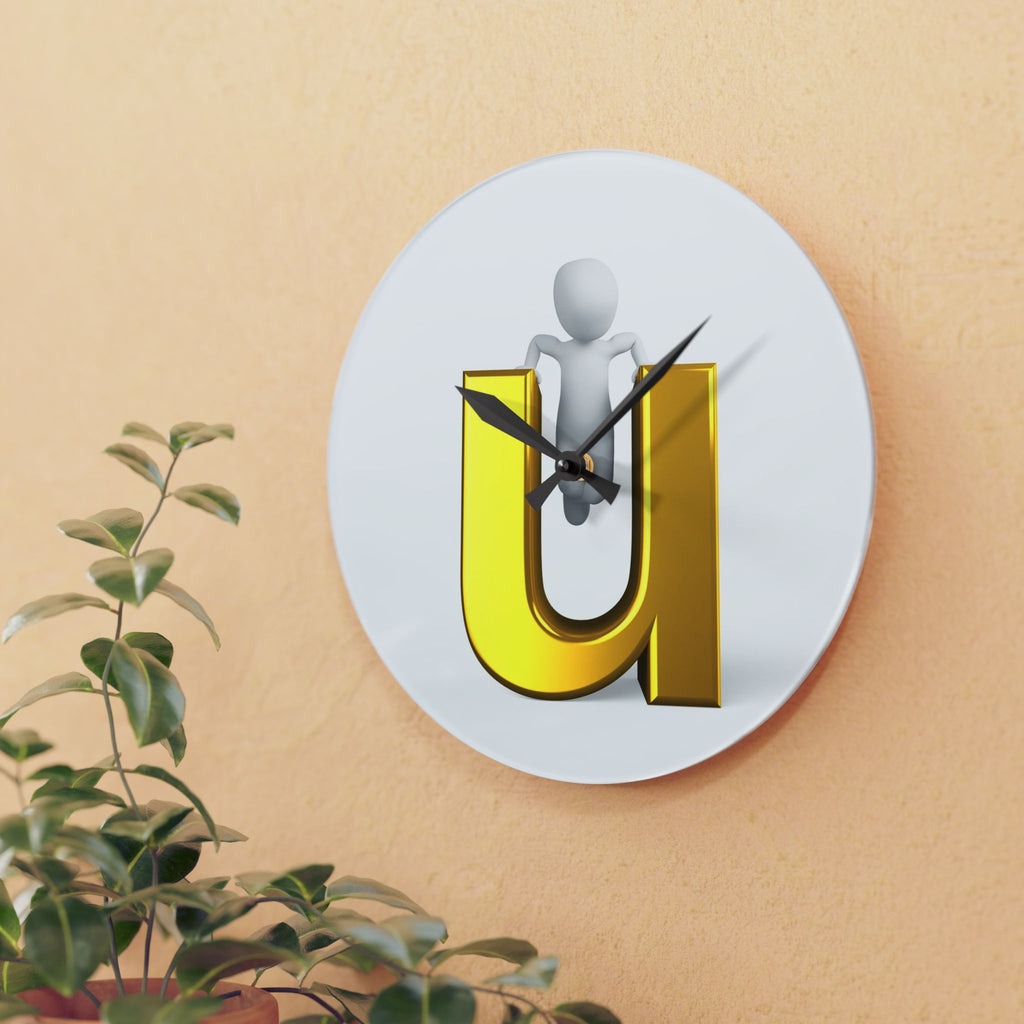 3D Gold Letter U with Figure Acrylic Wall Clock | Modern Alphabet Home Decor