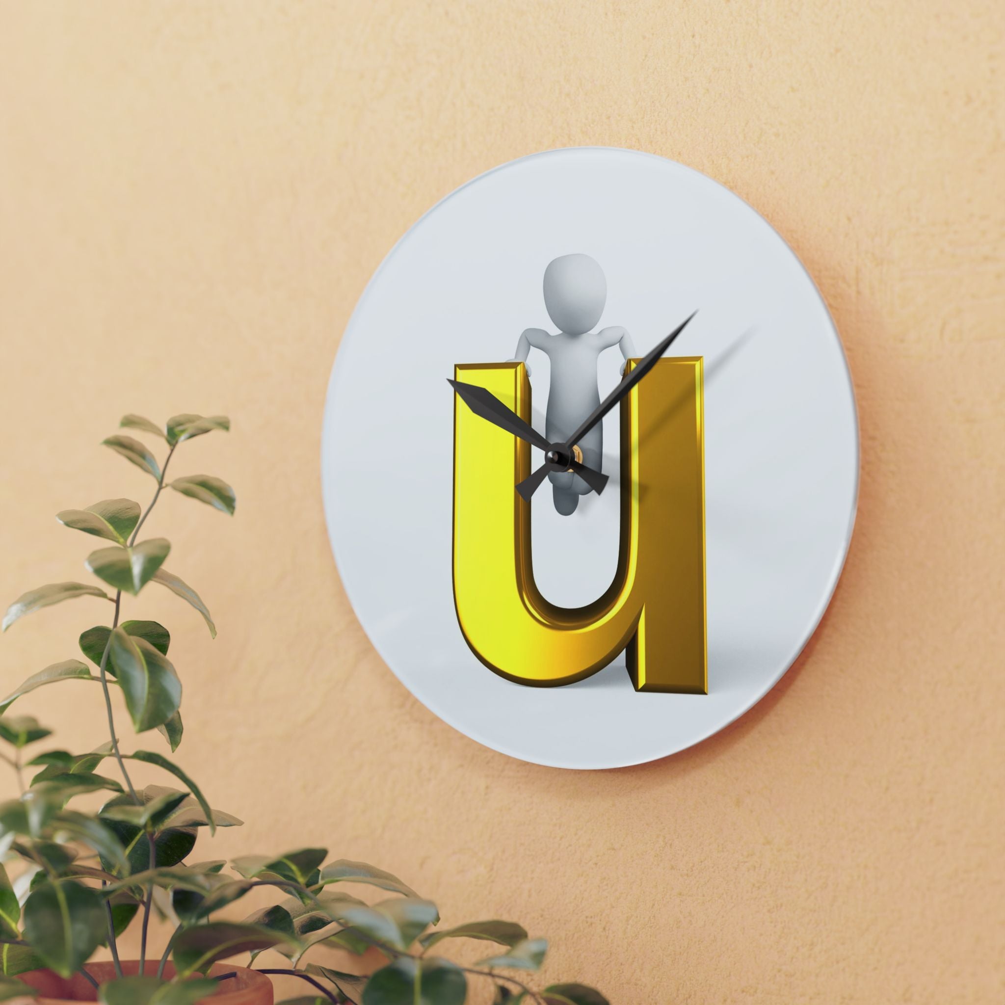 3D Gold Letter U with Figure Acrylic Wall Clock | Modern Alphabet Home Decor