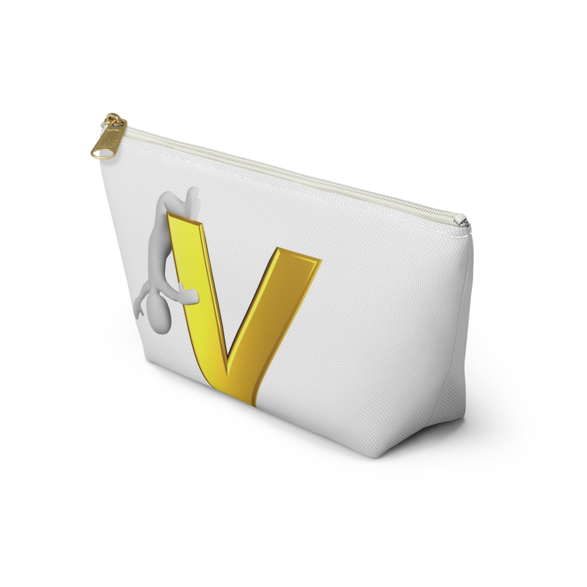 Gold Letter V with Hanging Stick Figure Accessory Pouch