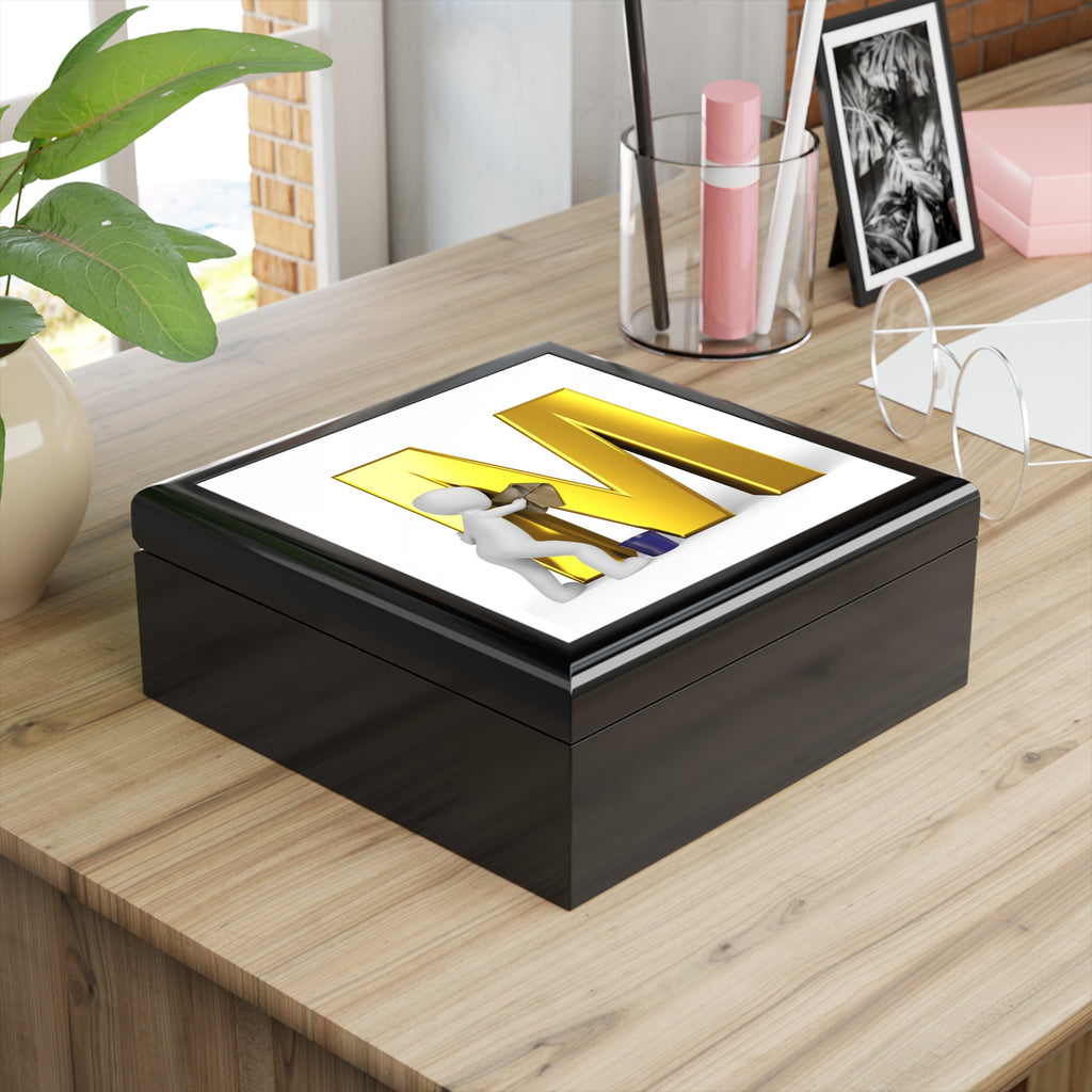 Gold Letter M with Painter Figure Jewelry Box | Monogram Initial M