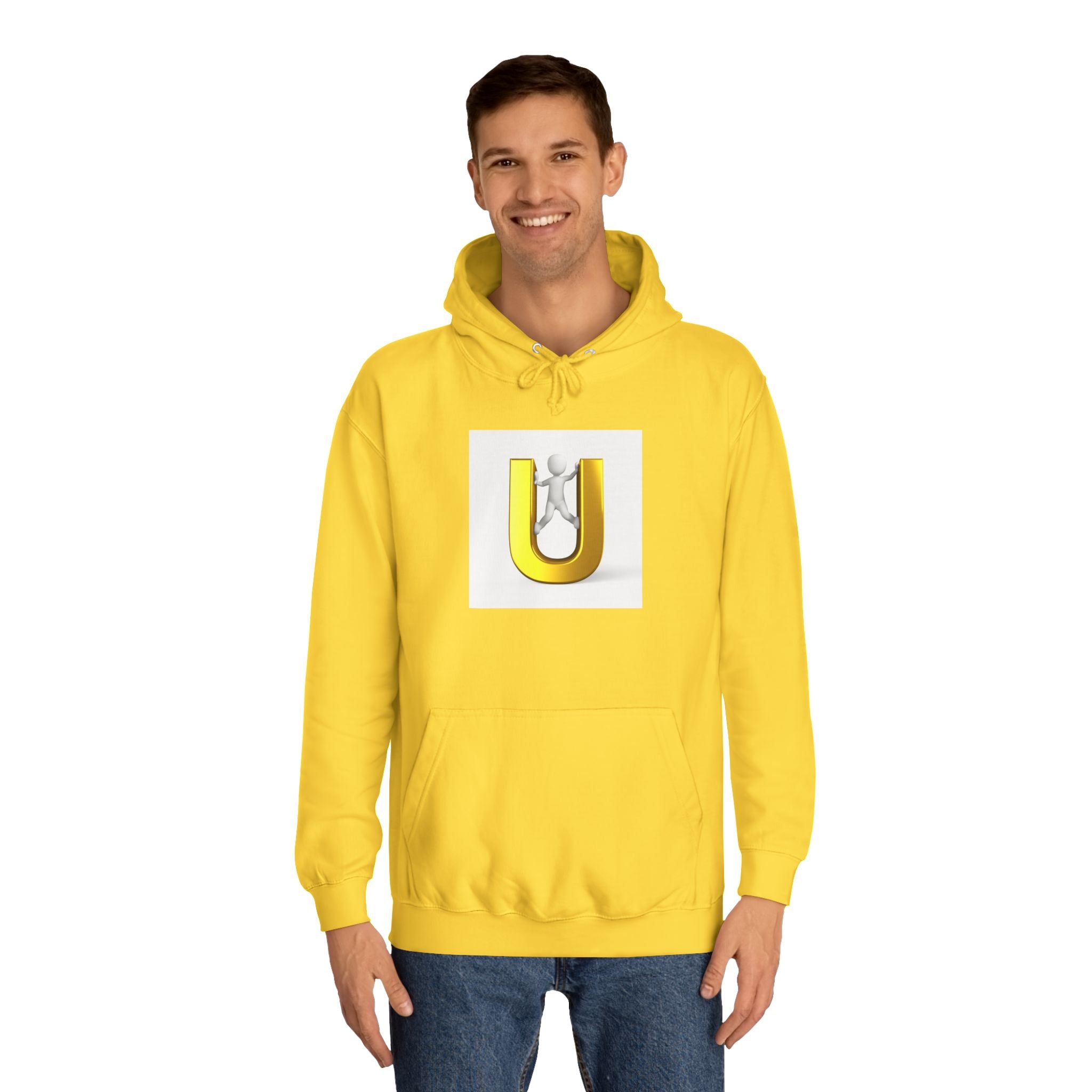 3D Gold Letter U Hoodie | Stick Figure Climbing Typography Sweatshirt