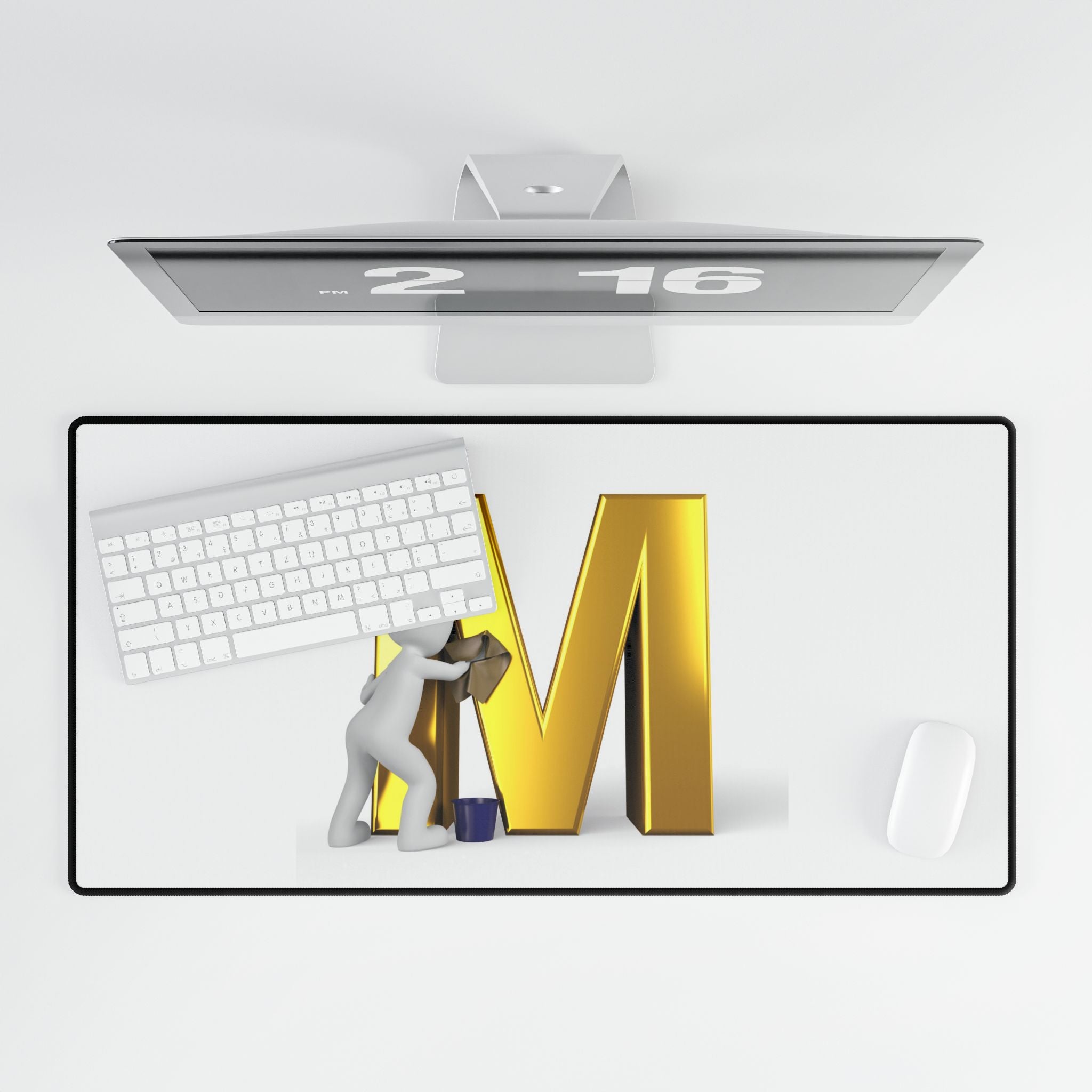 Gold Letter M with Painter Character Desk Mat | Large Mouse Pad Deskmat