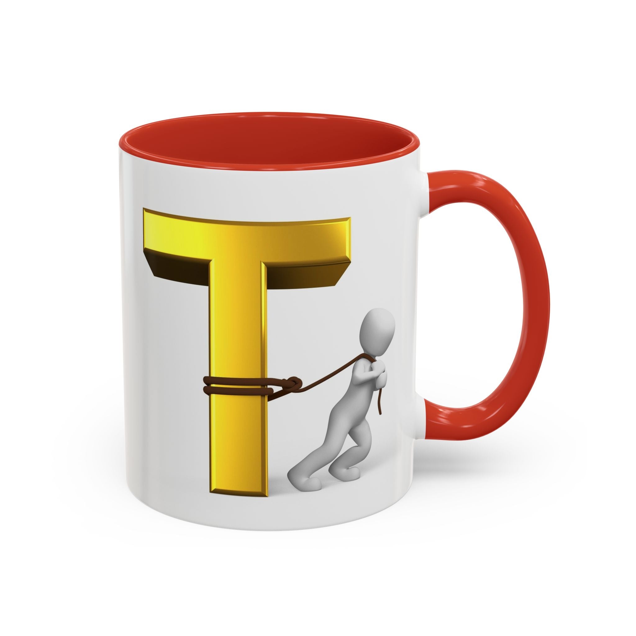 3D Stick Figure Tugging Gold Letter T Mug | Accent Coffee Mug