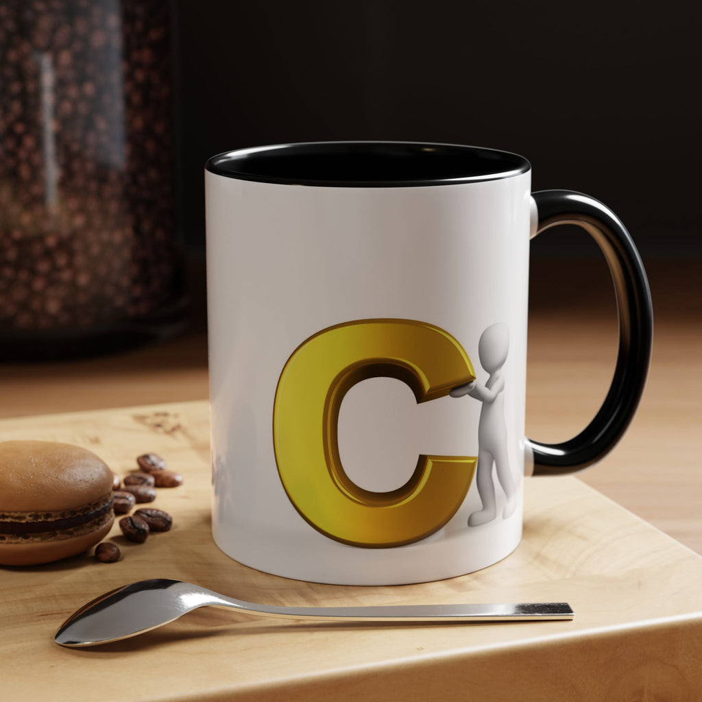 3D Stick Figure Holding Gold Letter C Accent Coffee Mug | Initial Monogram Mug