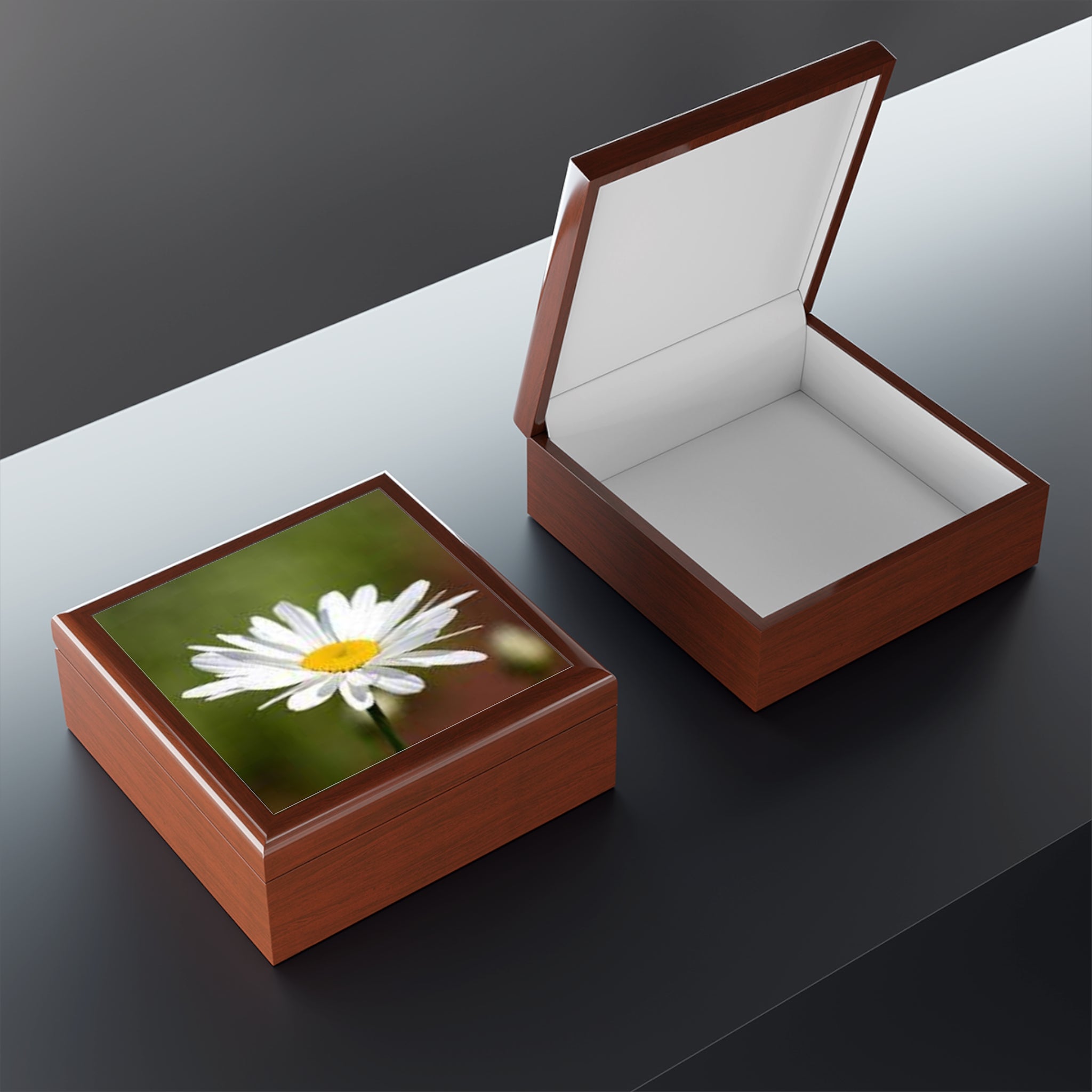 White Daisy Photo Jewelry Box | Floral Keepsake Trinket Box