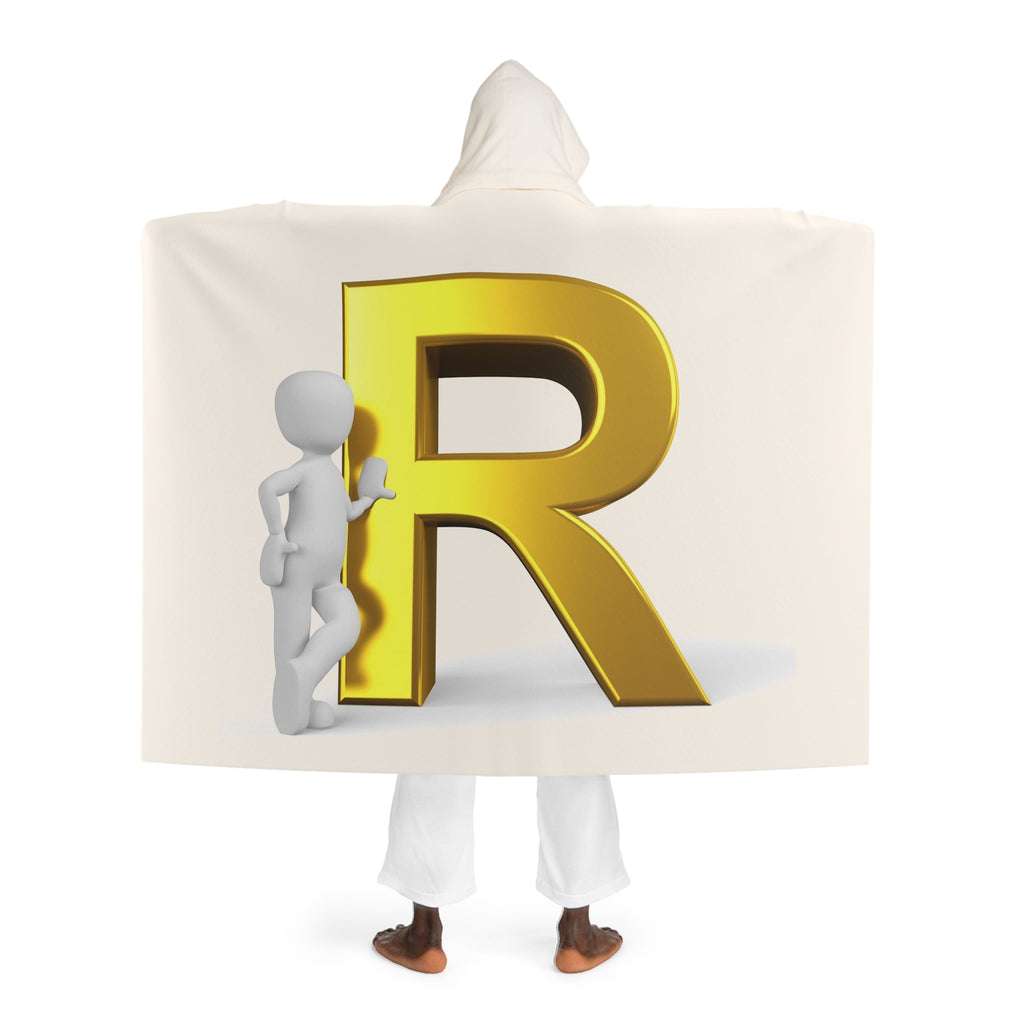Hooded Sherpa Fleece Blanket | Gold Letter R With Figure