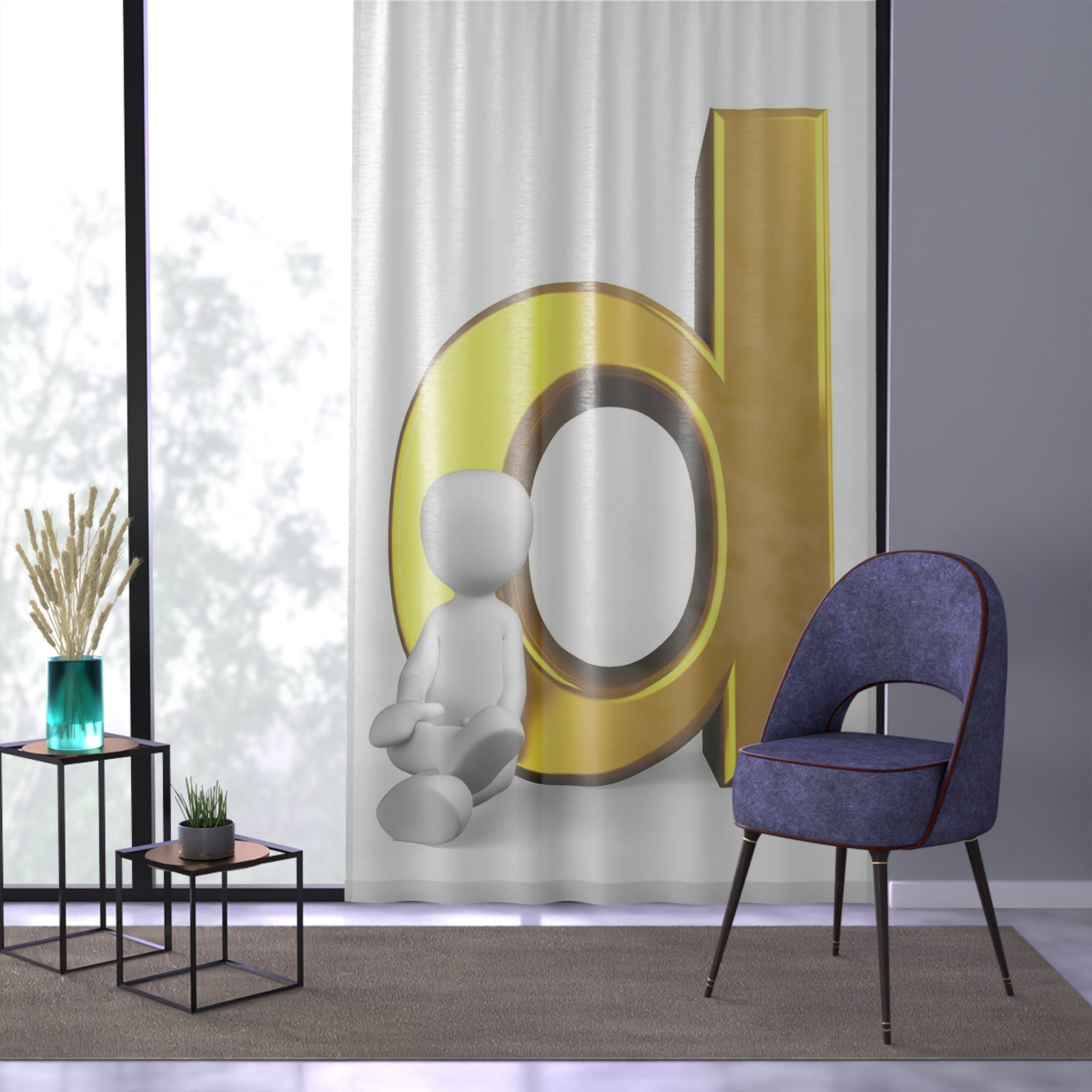 Lowercase Gold Letter d with Sitting Figurine Window Curtain | Letter D Sheer Panel