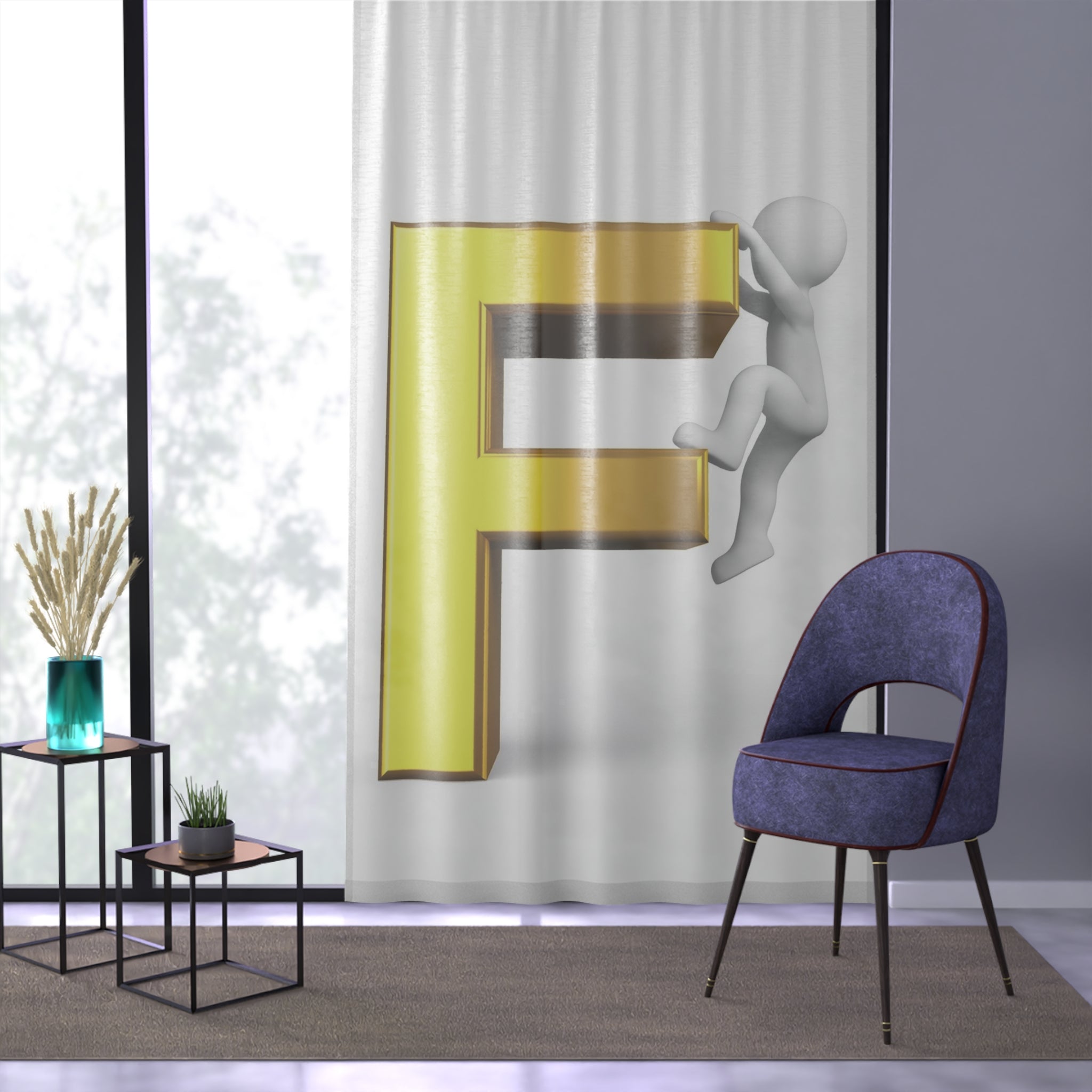 Climbing 3D Gold Letter F Window Curtain | Alphabet Monogram Sheer Panel