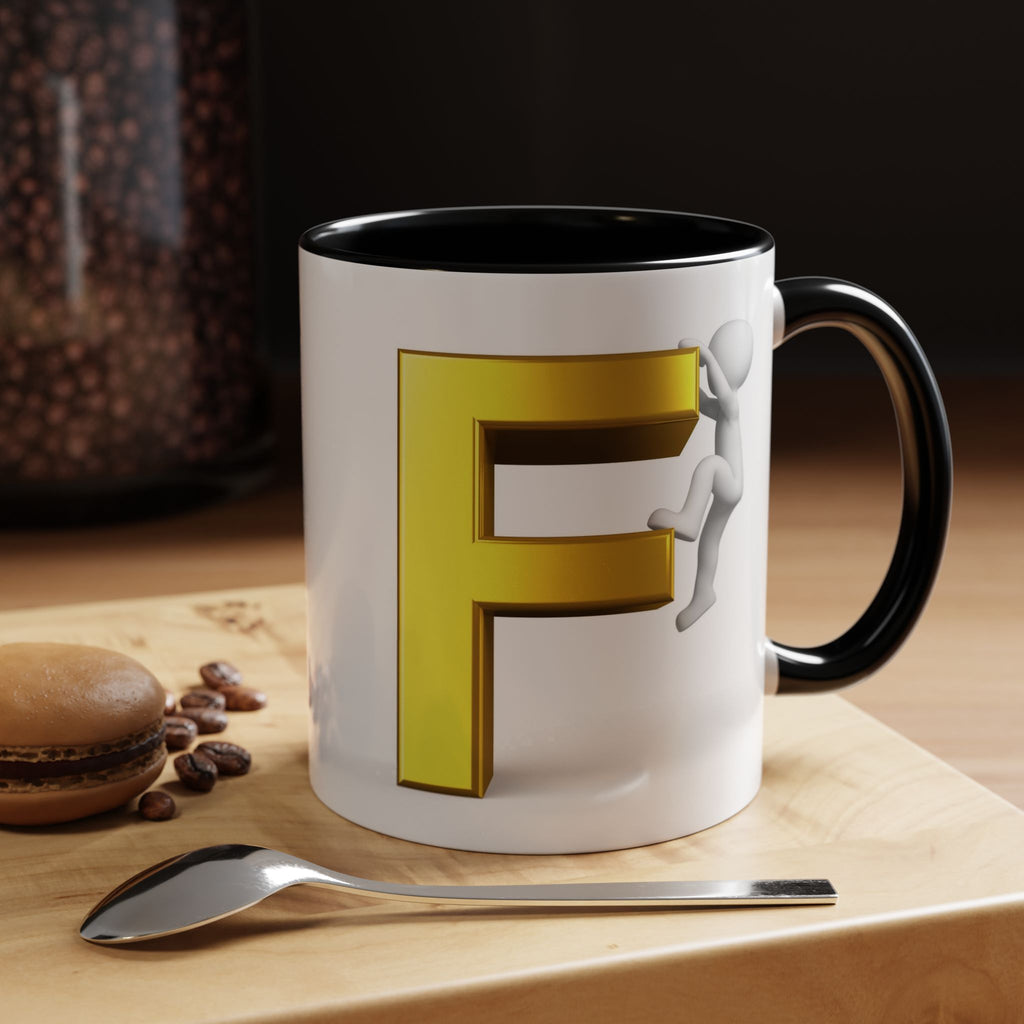 Gold Letter F with Climbing Figure Mug | Accent Coffee Mug 11oz 15oz