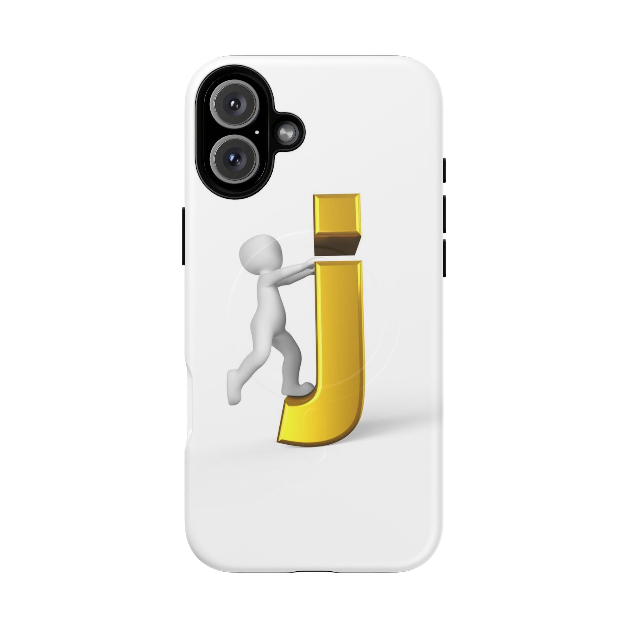 Coque de téléphone 3D Bonhomme allumette Poussant la lettre J dorée | Coque magnétique robuste