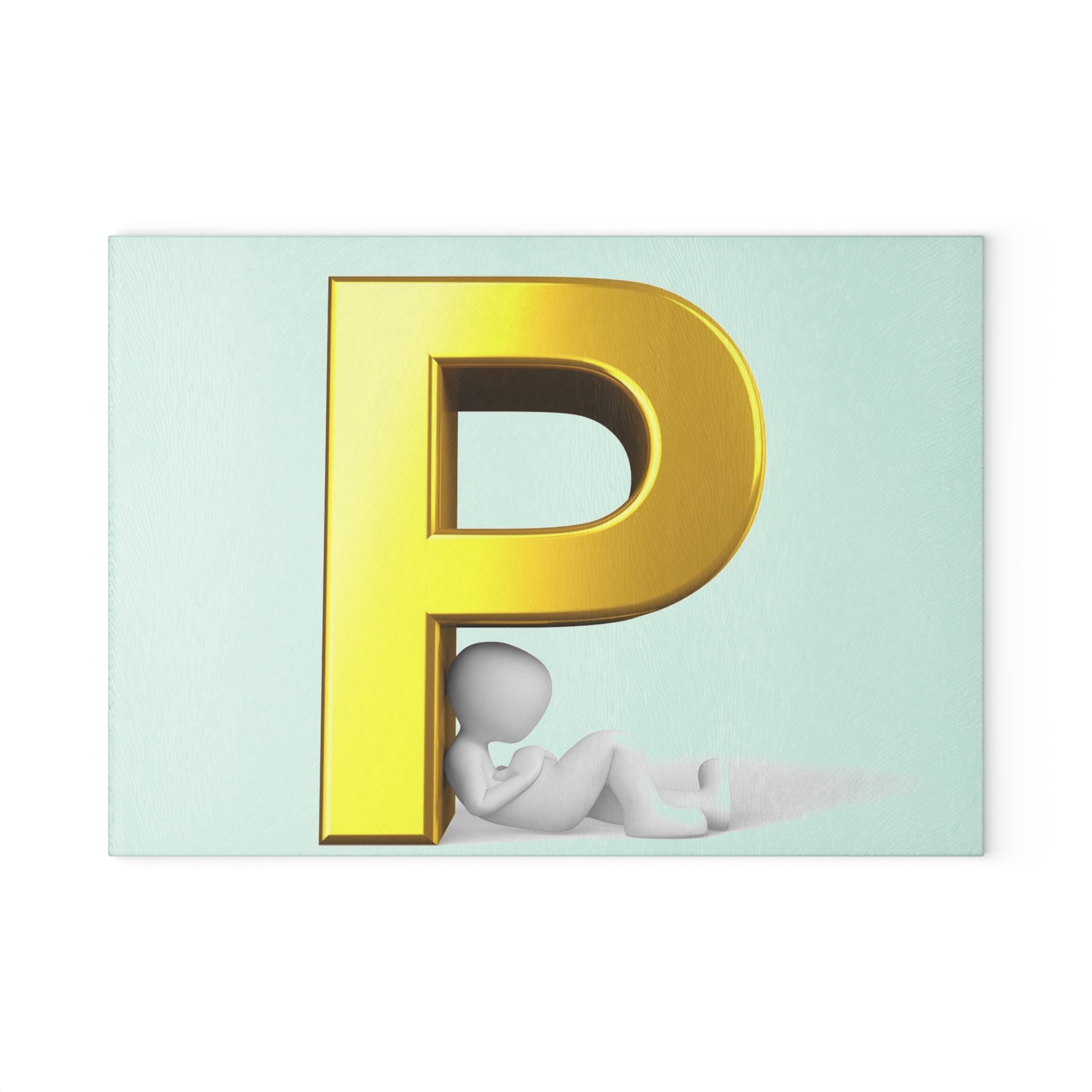 Gold Letter P with Relaxing Figure Glass Cutting Board | Monogram Kitchen Décor