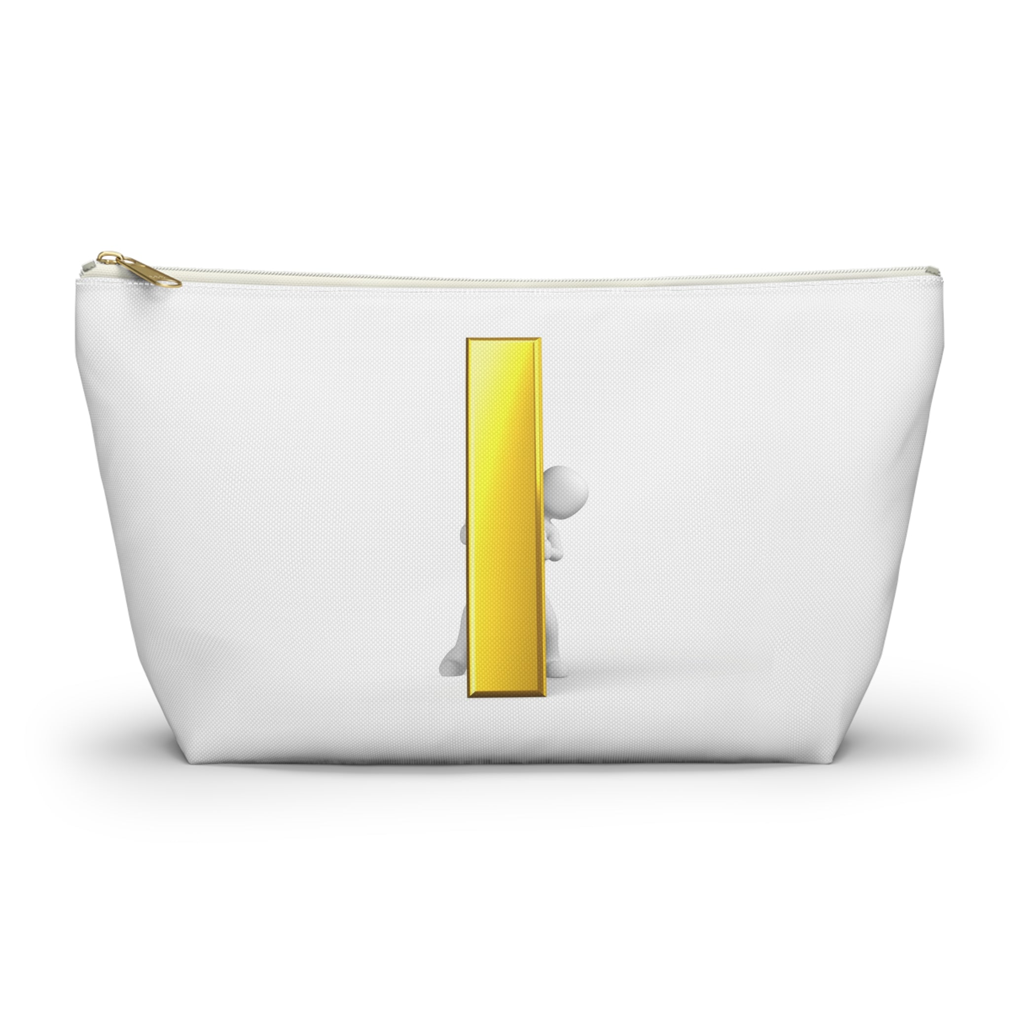 Trousse à accessoires en forme de bonhomme allumette 3D tenant la lettre dorée « i » | Trousse de toilette à fond plat