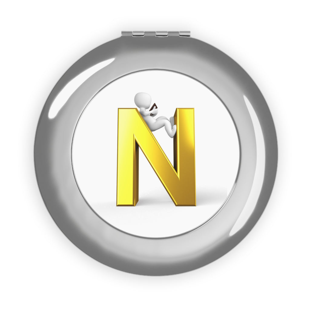 Gold 3D Letter N with Character Compact Travel Mirror | Monogram Pocket Mirror