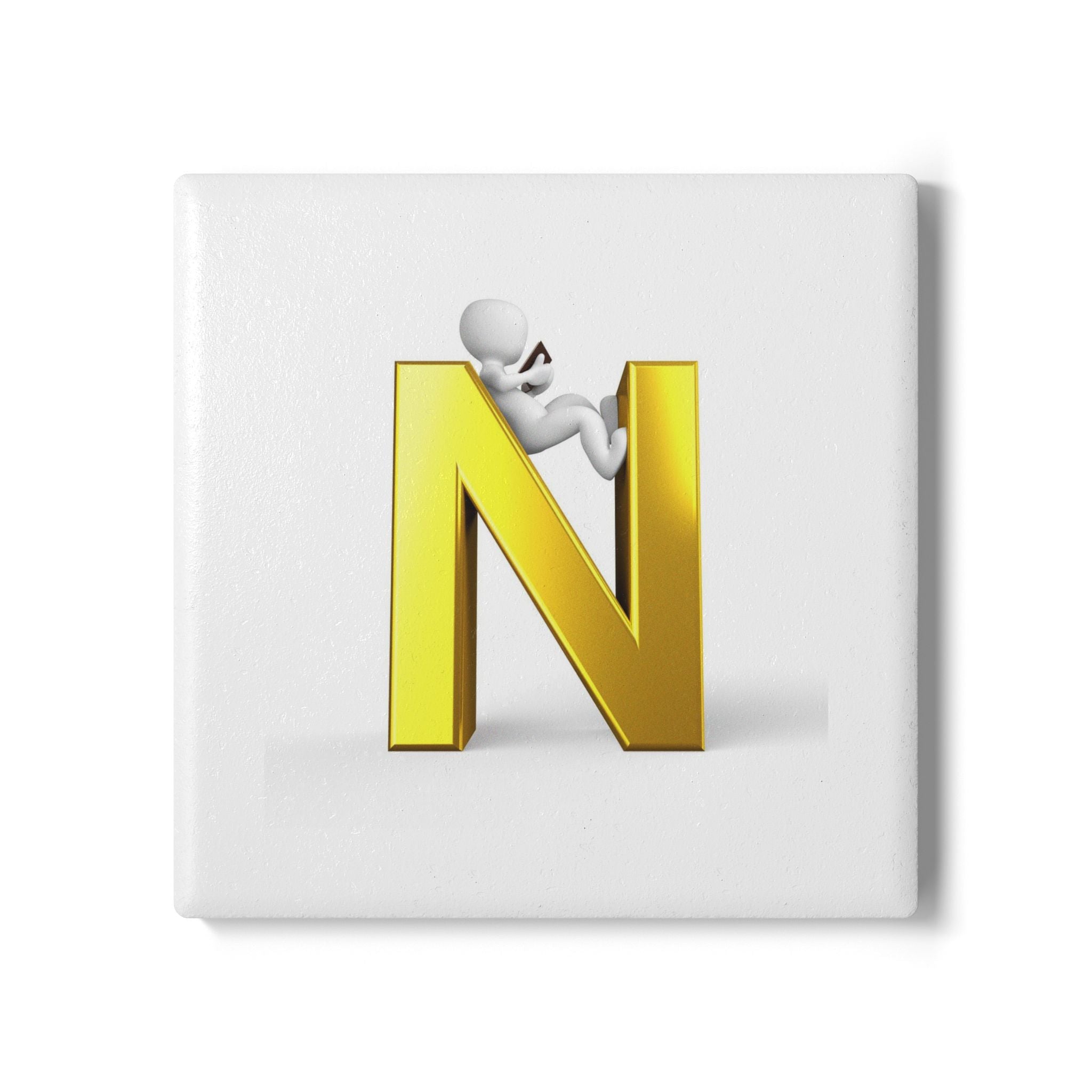 Gold Letter N with Climber Ceramic Coaster | Monogram Initial N Coaster
