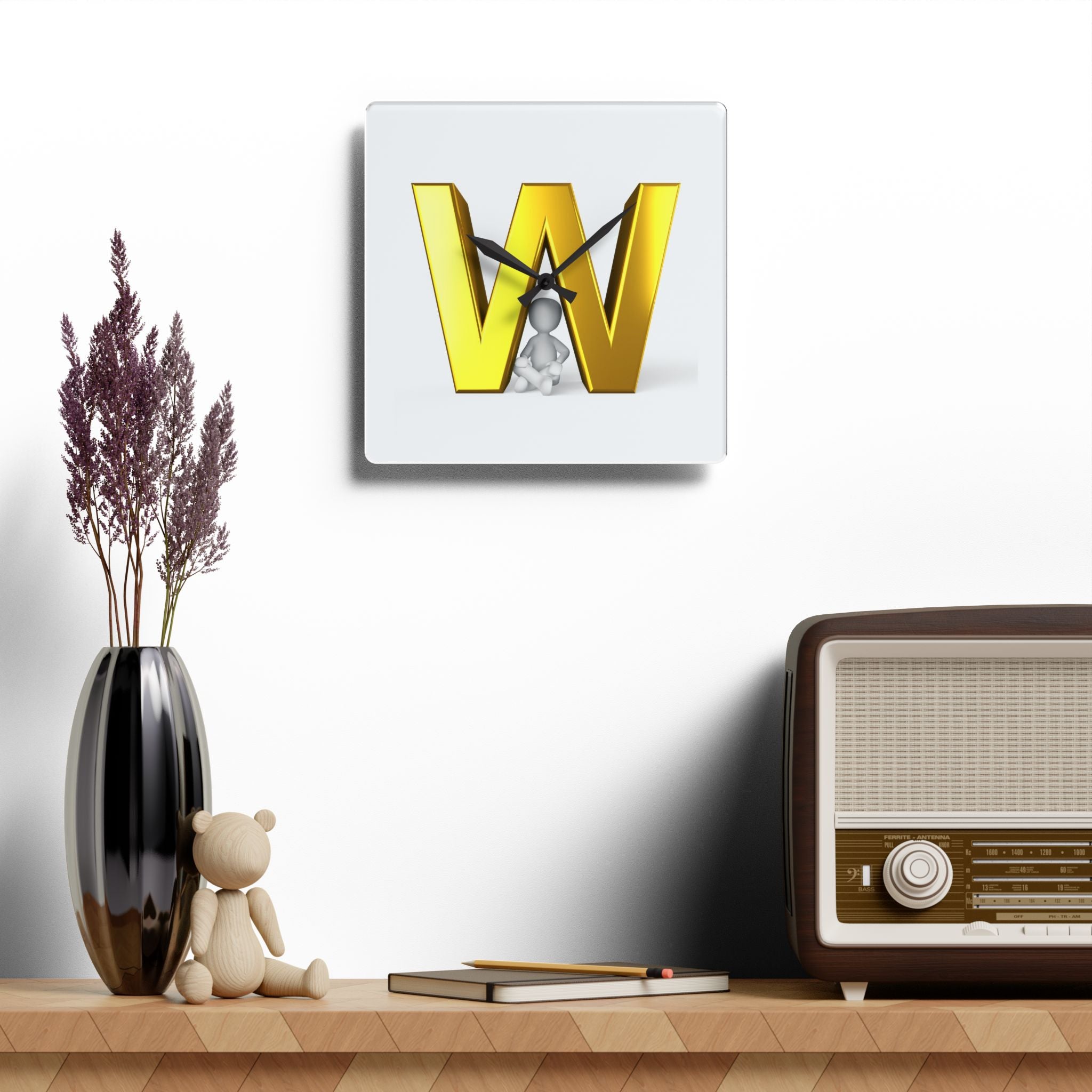 Gold Letter W Monogram Acrylic Wall Clock | Initial W Home Decor