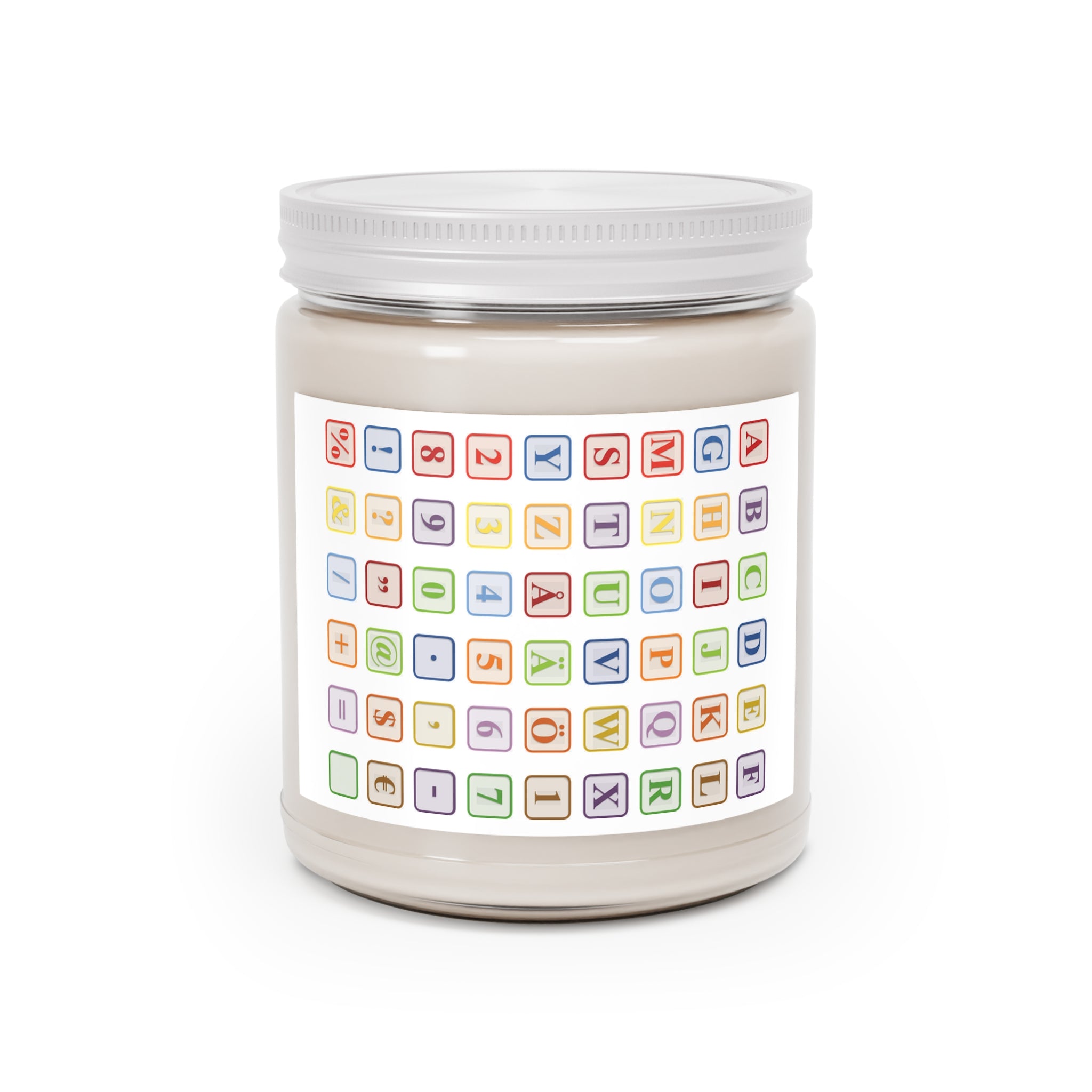 Bougie à motif cubes de l'alphabet | Bougie en cire de soja 9oz | Couvercle blanc