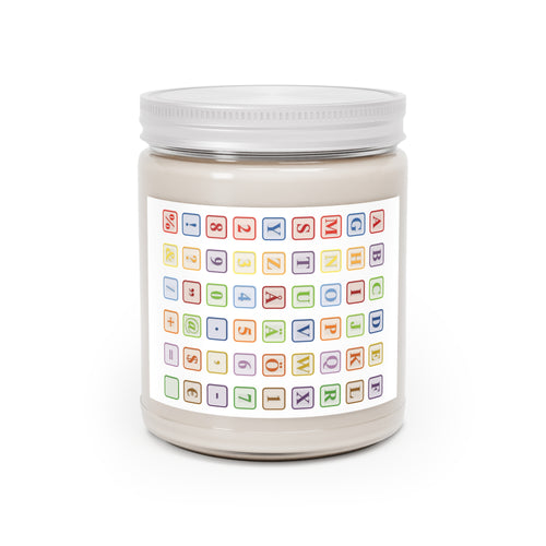 Bougie à motif cubes de l'alphabet | Bougie en cire de soja 9oz | Couvercle blanc