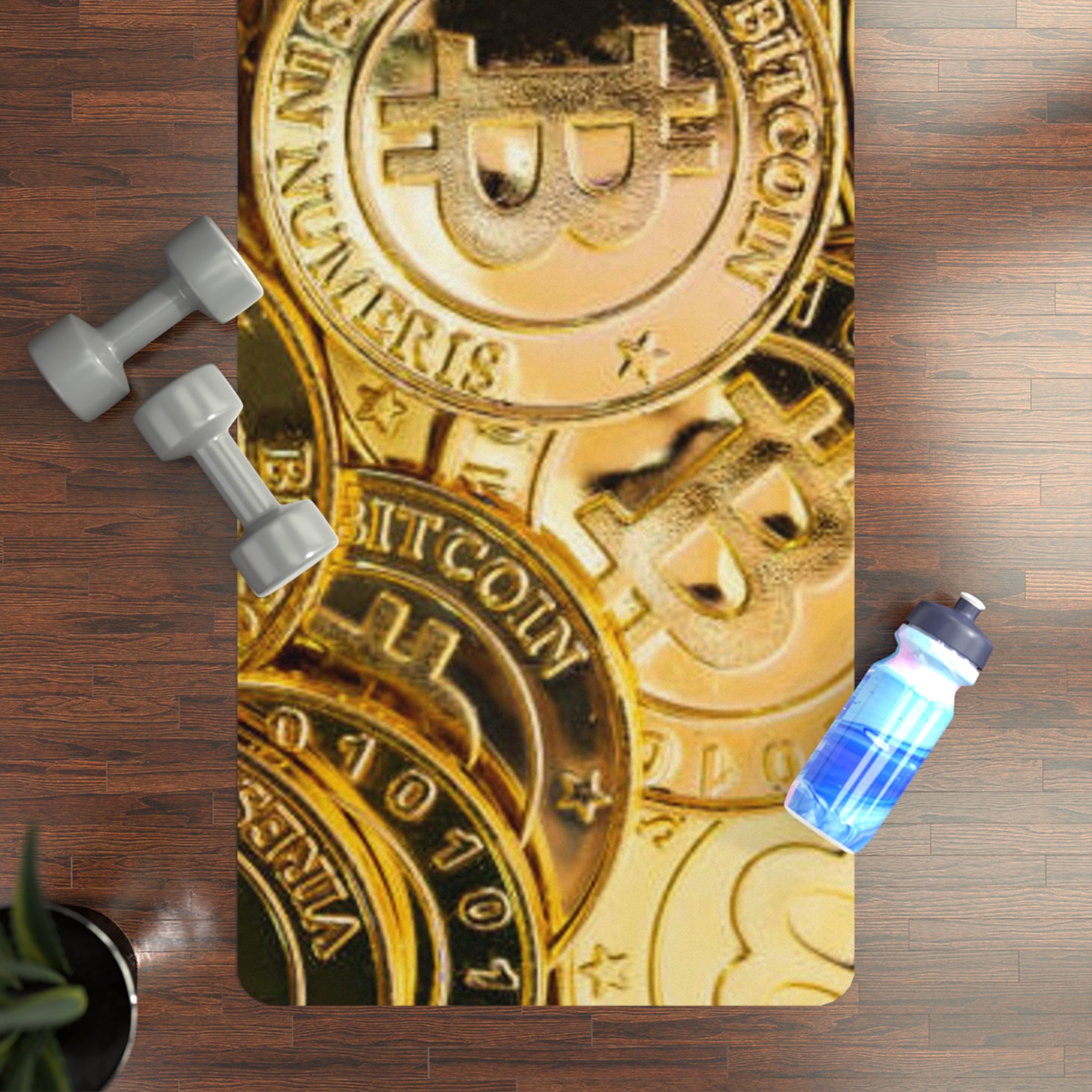 Gold Bitcoin Coin Pattern Rubber Yoga Mat | Crypto Cryptocurrency Exercise Mat