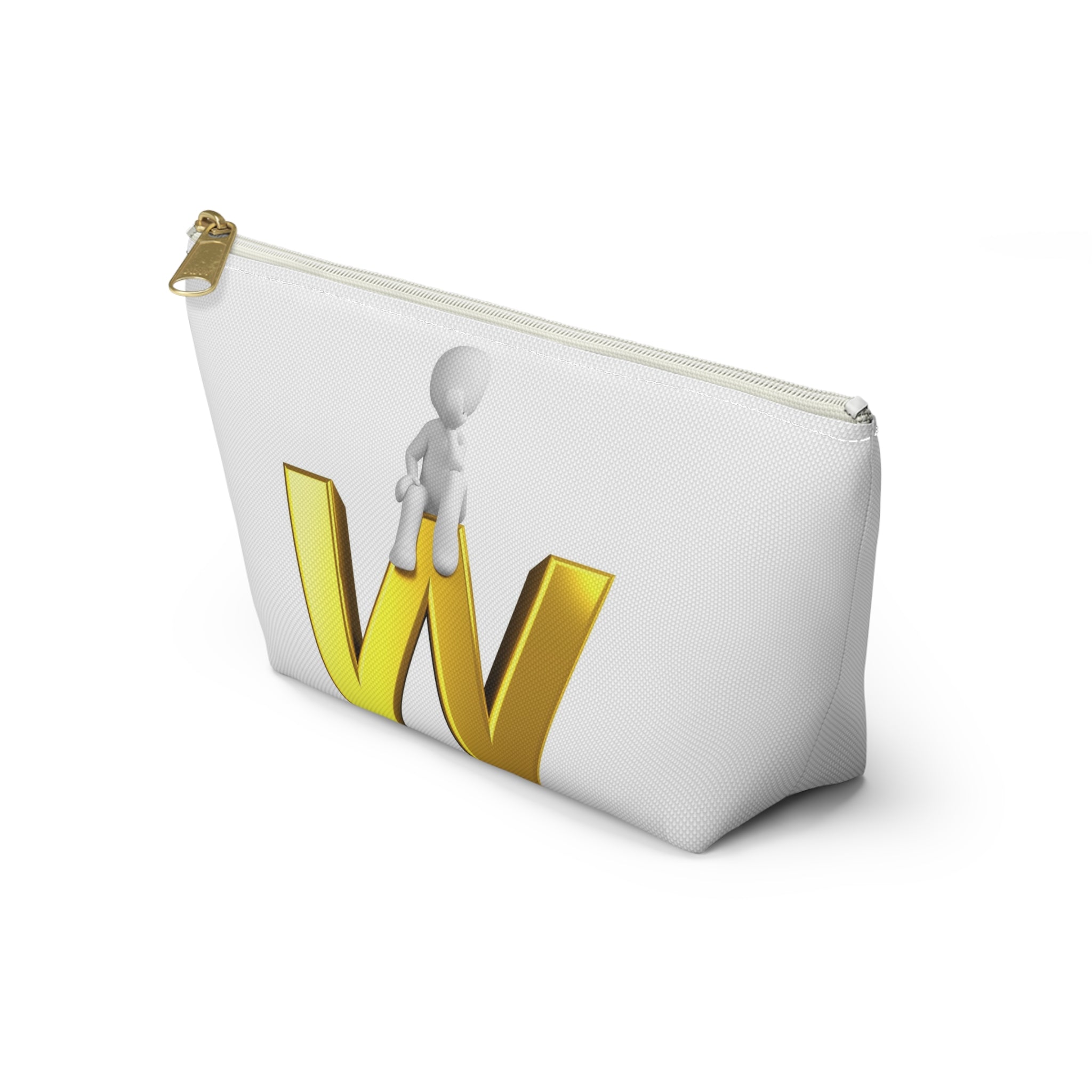 Gold Letter W with Sitting Figure Accessory Pouch | Initial Makeup Bag