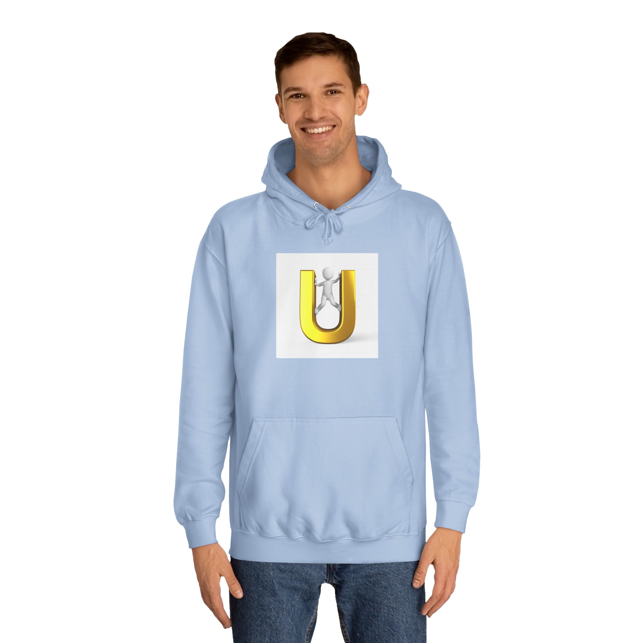 3D Gold Letter U Hoodie | Stick Figure Climbing Typography Sweatshirt