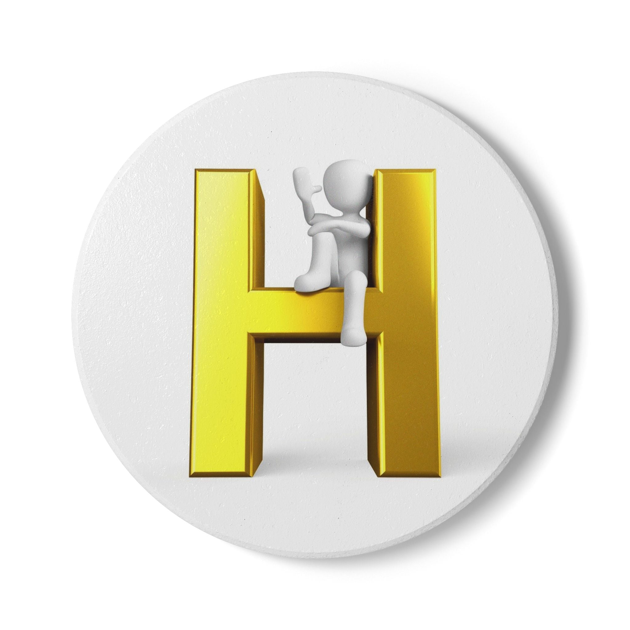 3D Stick Figure Climbing Gold Letter H Ceramic Coaster | Personalized Monogram Home Decor